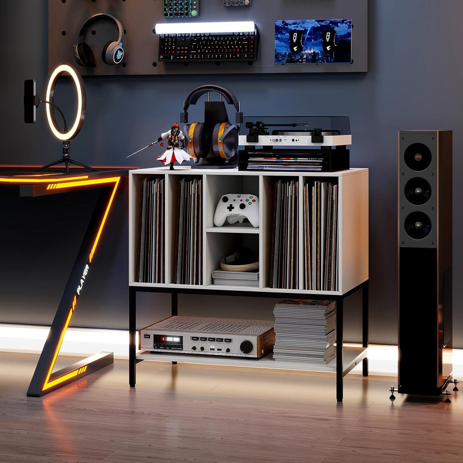 image:imageGiantex Record Player Stand with Charging Station Turntable Stand with Storage Shelves Hold Up to 150 Albums Record Player Table with Metal Frame Vinyl Record Storage for Music Living Room WhiteWhite