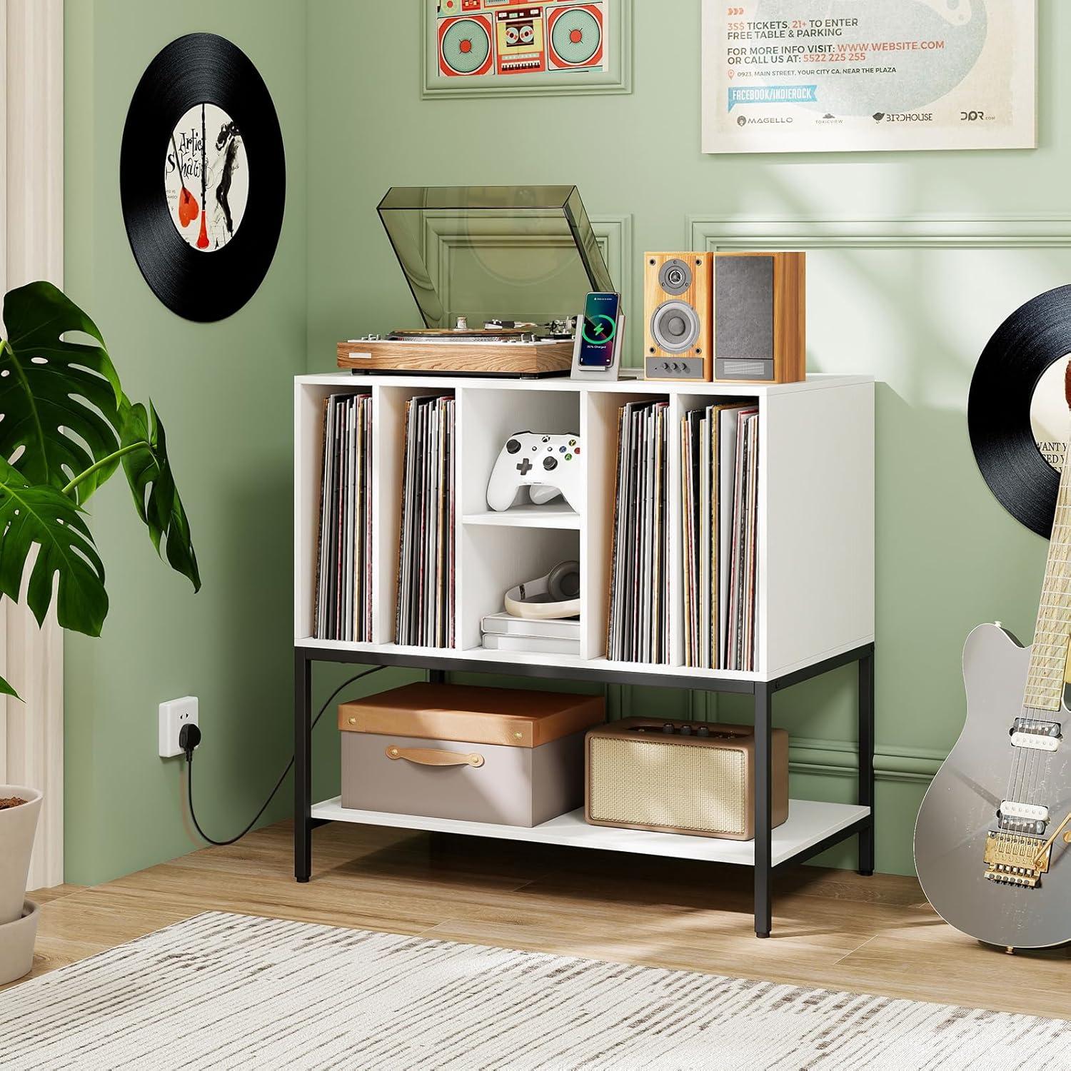 image:imageGiantex Record Player Stand with Charging Station Turntable Stand with Storage Shelves Hold Up to 150 Albums Record Player Table with Metal Frame Vinyl Record Storage for Music Living Room WhiteWhite