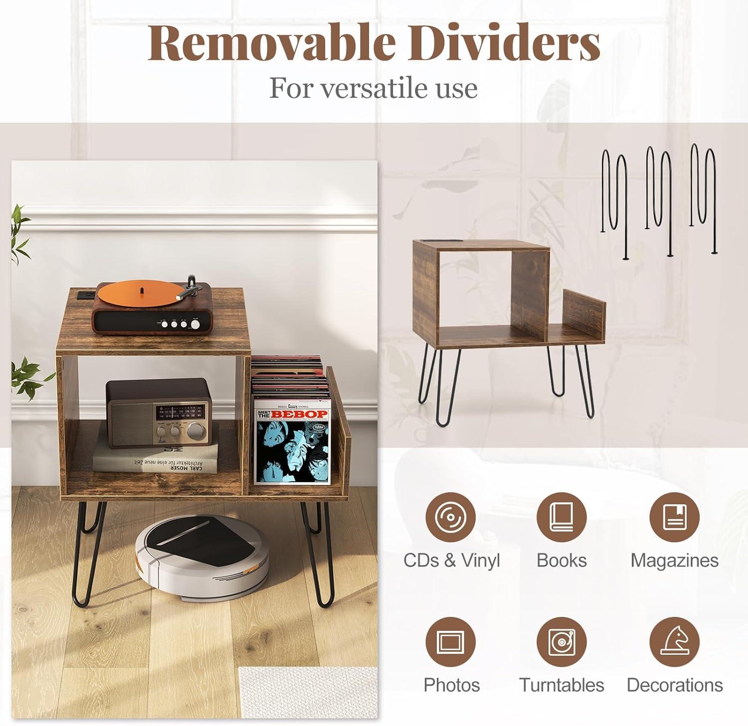 image:imageGiantex Record Player Stand with Charging Station Turntable Stand with Vinyl Divider amp Display Shelf Midcentury Modern End Table Holds Up to 150 Albums Vinyl Record Storage Cabinet for Living RoomRustic Brown