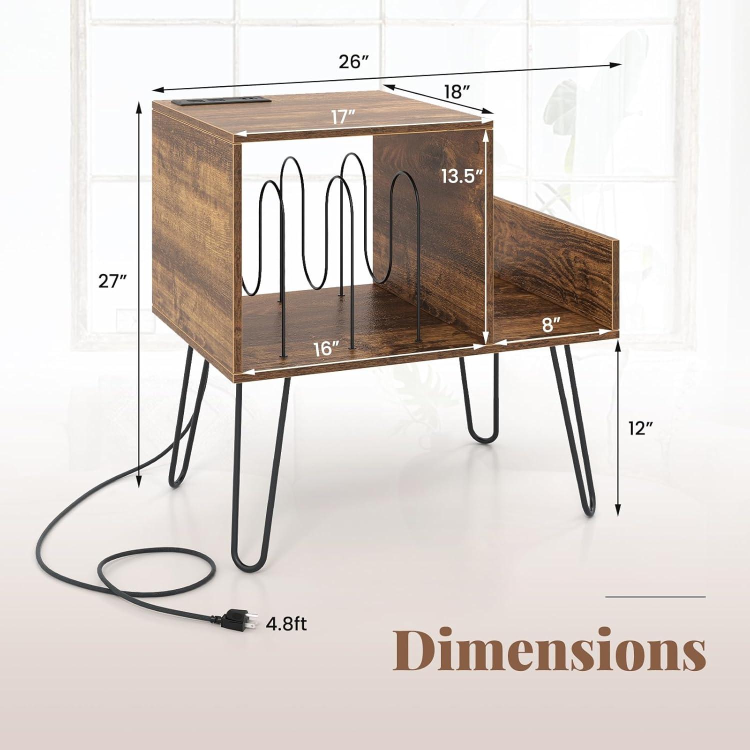 image:imageGiantex Record Player Stand with Charging Station Turntable Stand with Vinyl Divider amp Display Shelf Midcentury Modern End Table Holds Up to 150 Albums Vinyl Record Storage Cabinet for Living RoomRustic Brown