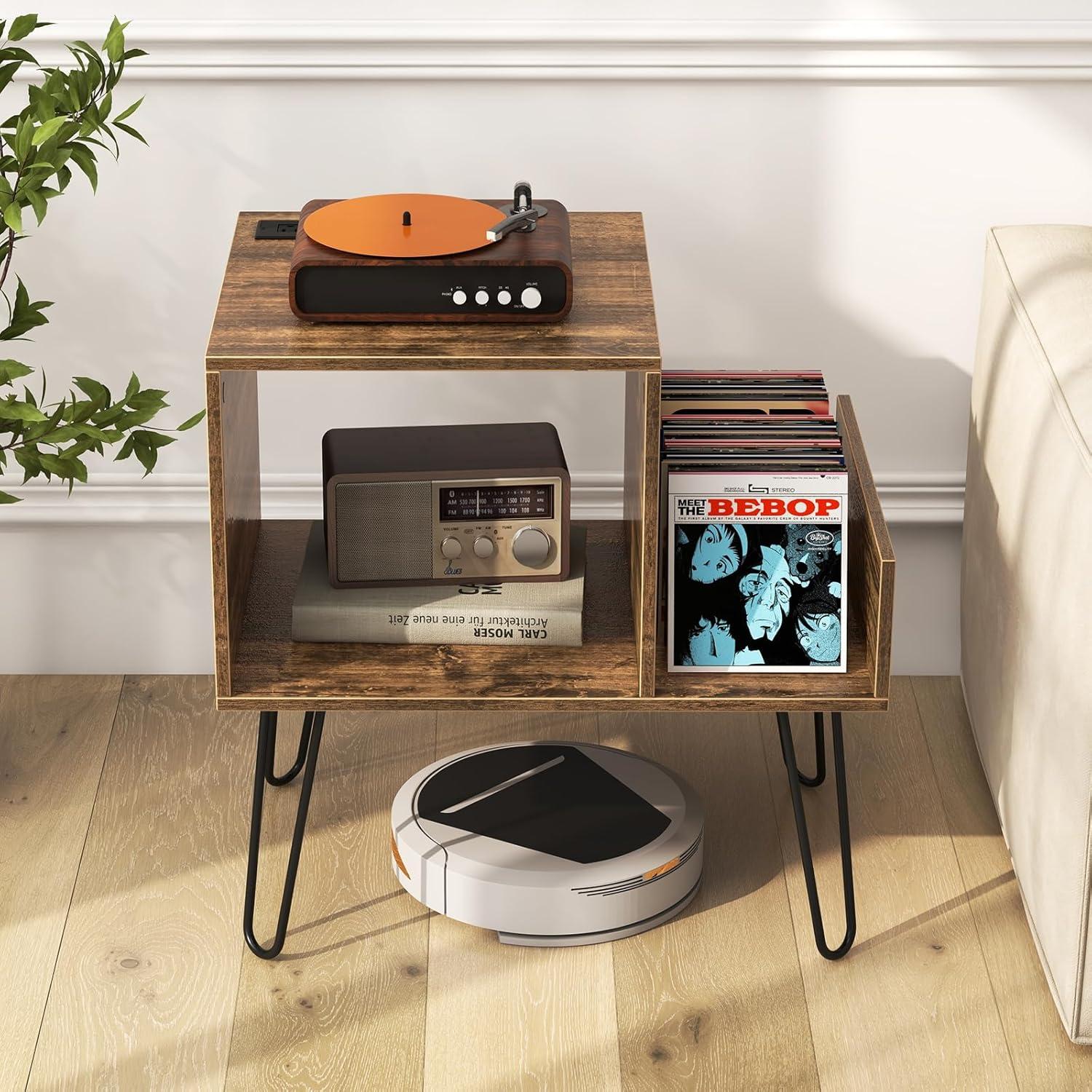 image:imageGiantex Record Player Stand with Charging Station Turntable Stand with Vinyl Divider amp Display Shelf Midcentury Modern End Table Holds Up to 150 Albums Vinyl Record Storage Cabinet for Living RoomRustic Brown