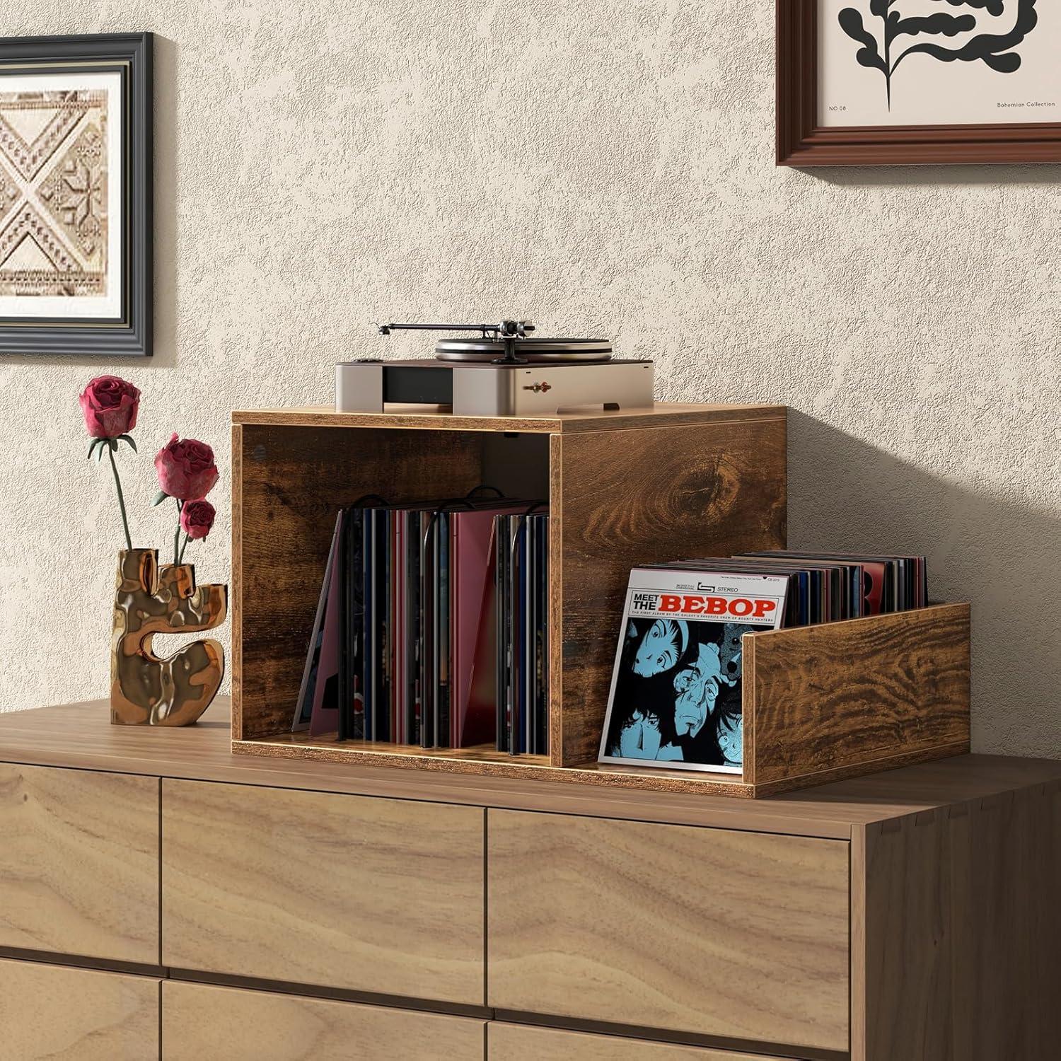 image:imageGiantex Record Player Stand with Charging Station Turntable Stand with Vinyl Divider amp Display Shelf Midcentury Modern End Table Holds Up to 150 Albums Vinyl Record Storage Cabinet for Living RoomRustic Brown