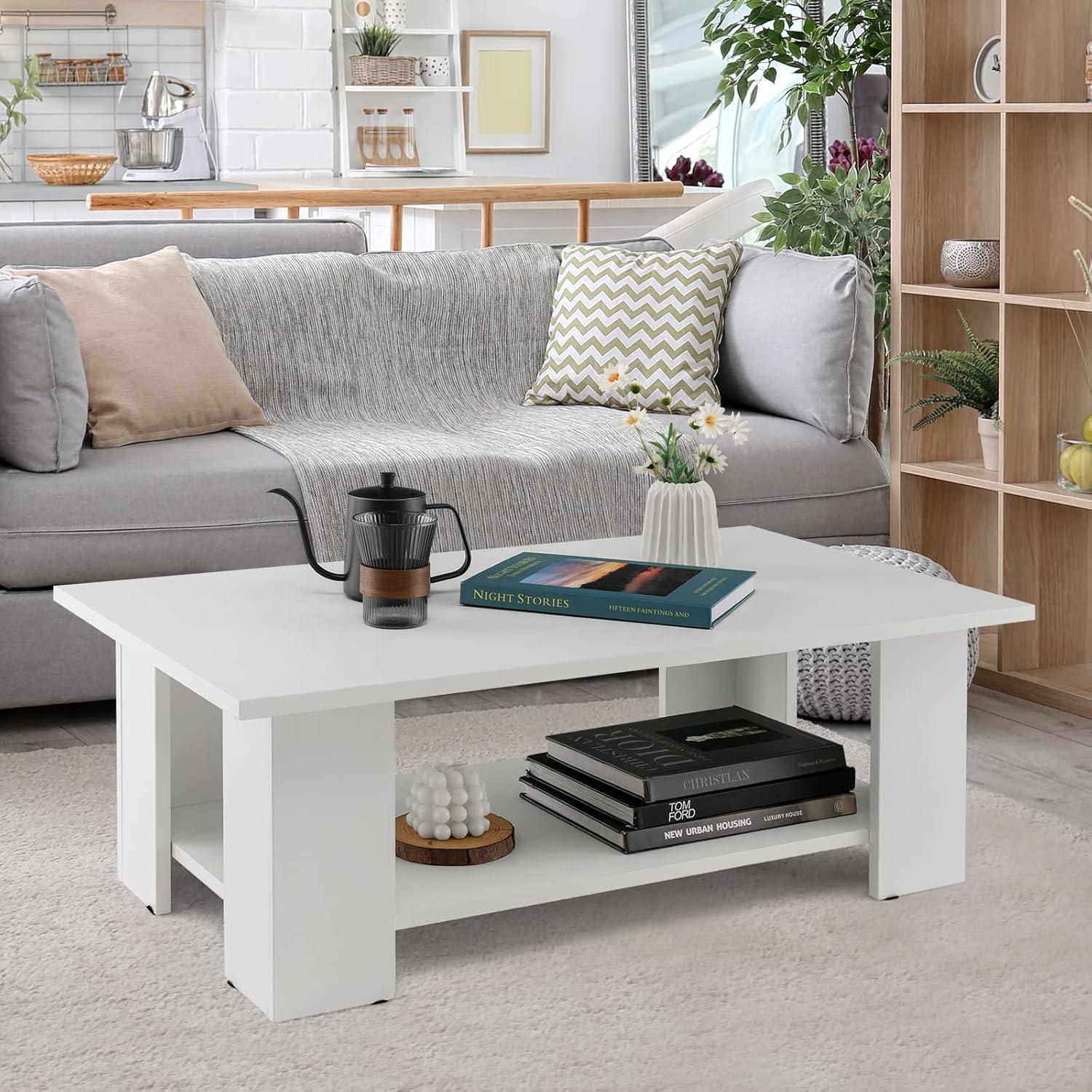 image:imageGiantex Rectangle Wood Center Table 41 L 2Tier Small Modern Tea Table wOpen Compartment Easy Assembly Accent Coffee Table for Living Room Reception Room WhiteWhite