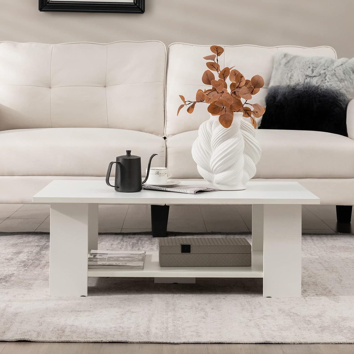 image:imageGiantex Rectangle Wood Center Table 41 L 2Tier Small Modern Tea Table wOpen Compartment Easy Assembly Accent Coffee Table for Living Room Reception Room WhiteWhite