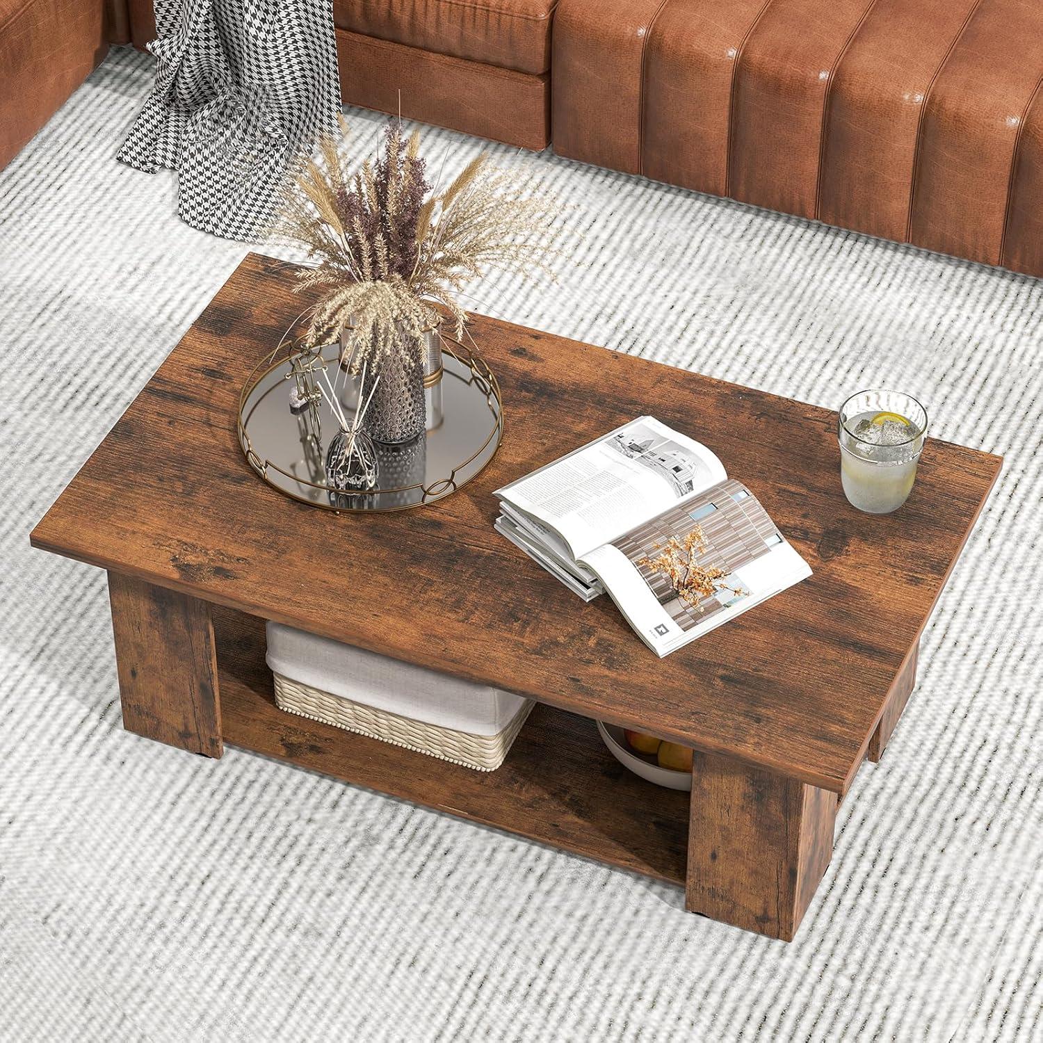 image:imageGiantex Rectangle Wood Center Table 41 L 2Tier Small Modern Tea Table wOpen Compartment Easy Assembly Accent Coffee Table for Living Room Reception Room WhiteRustic Brown