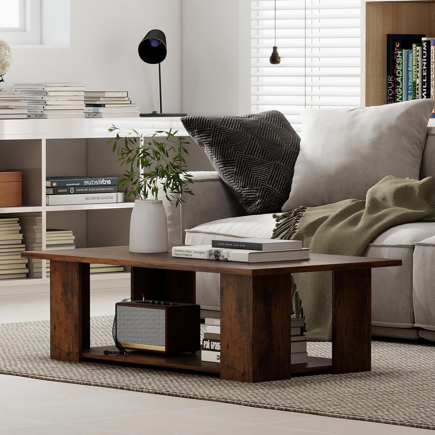 image:imageGiantex Rectangle Wood Center Table 41 L 2Tier Small Modern Tea Table wOpen Compartment Easy Assembly Accent Coffee Table for Living Room Reception Room WhiteRustic Brown