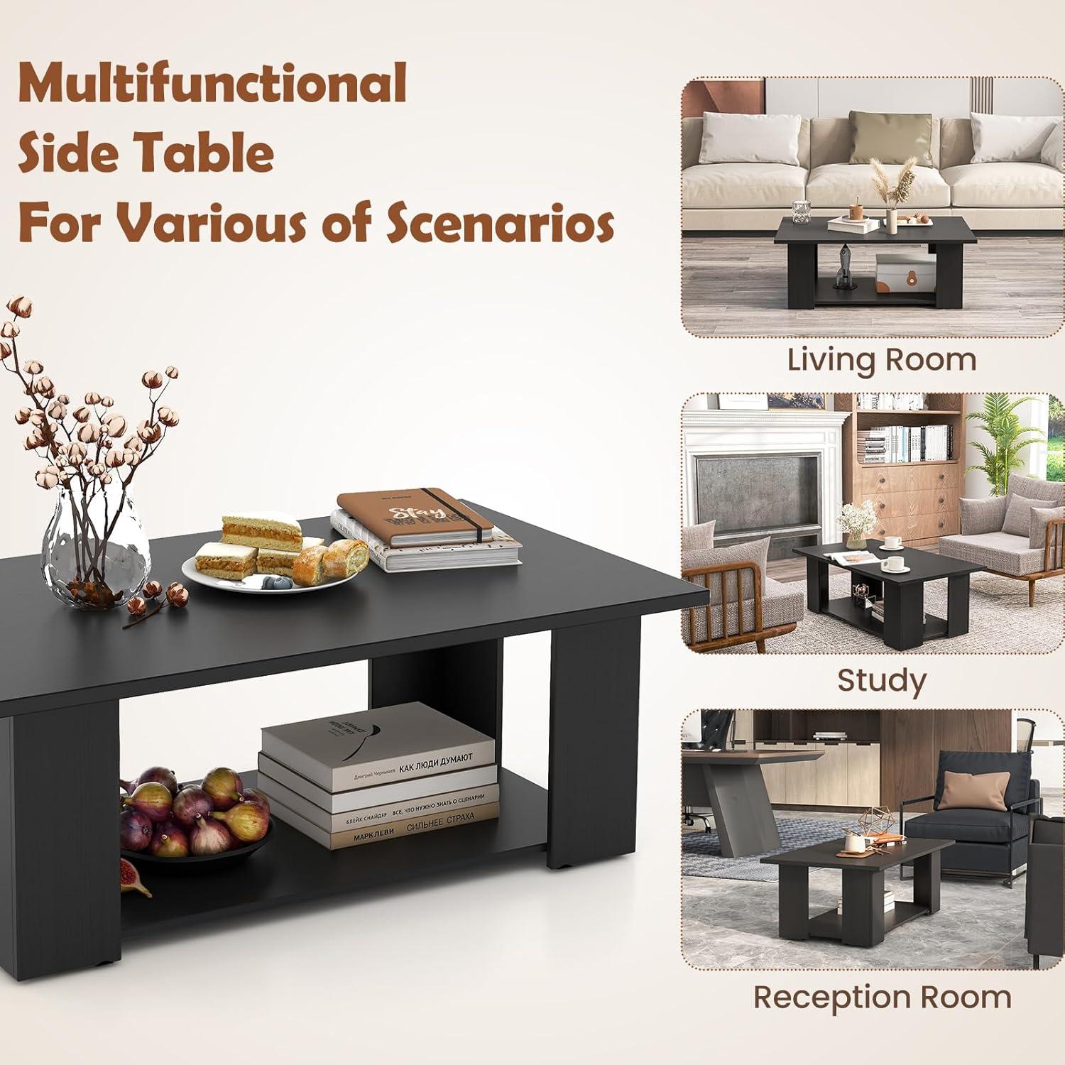 image:imageGiantex Rectangle Wood Center Table 41 L 2Tier Small Modern Tea Table wOpen Compartment Easy Assembly Accent Coffee Table for Living Room Reception Room WhiteBlack