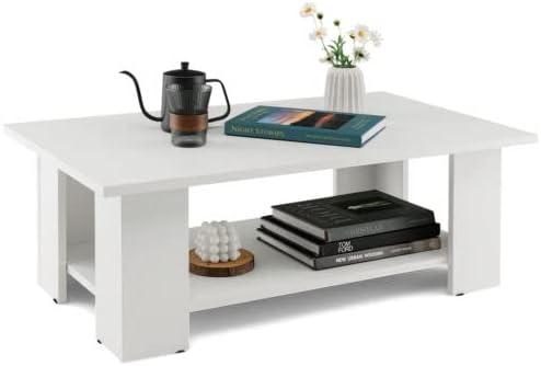 image:imageGiantex Rectangle Wood Center Table 41 L 2Tier Small Modern Tea Table wOpen Compartment Easy Assembly Accent Coffee Table for Living Room Reception Room WhiteWhite