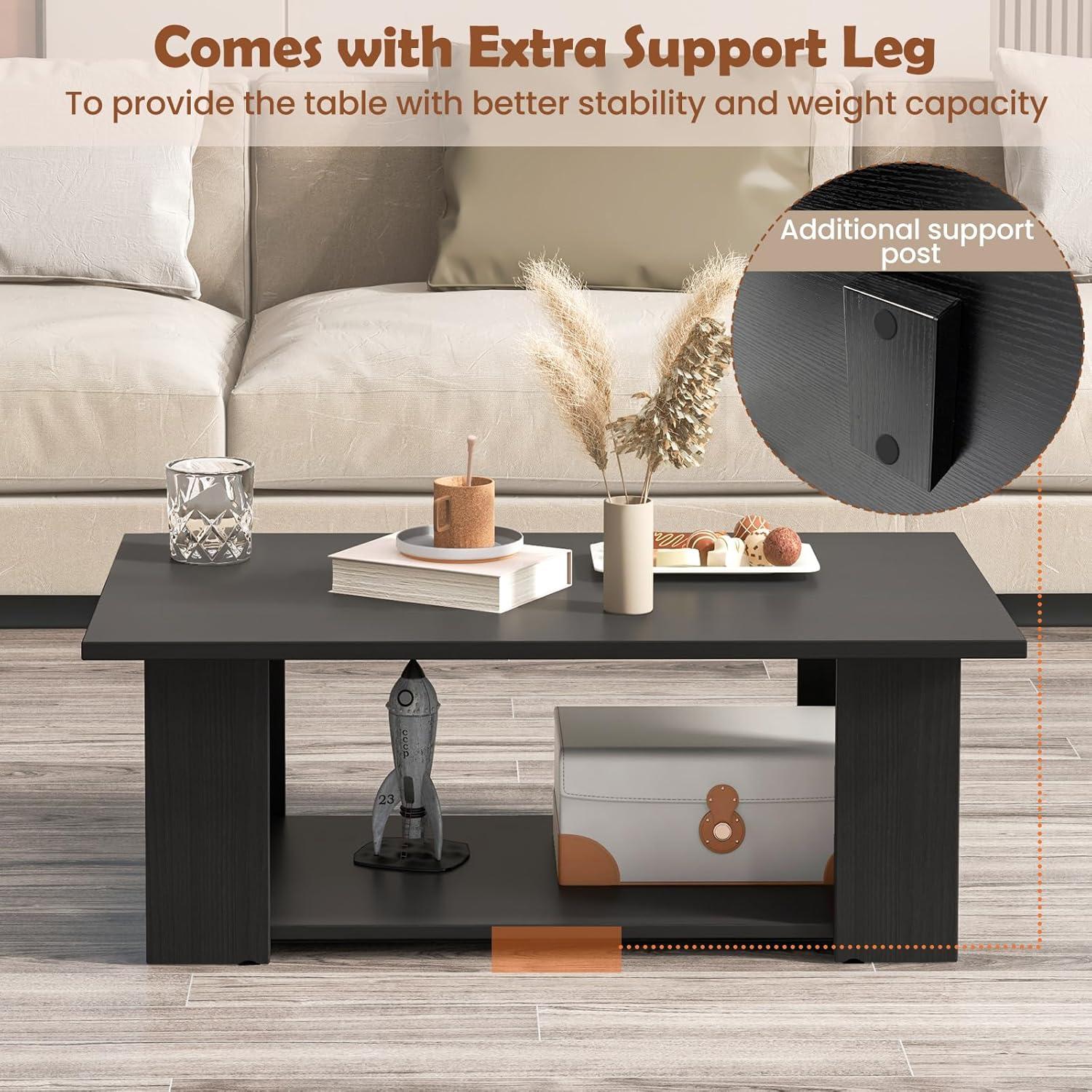image:imageGiantex Rectangle Wood Center Table 41 L 2Tier Small Modern Tea Table wOpen Compartment Easy Assembly Accent Coffee Table for Living Room Reception Room WhiteBlack