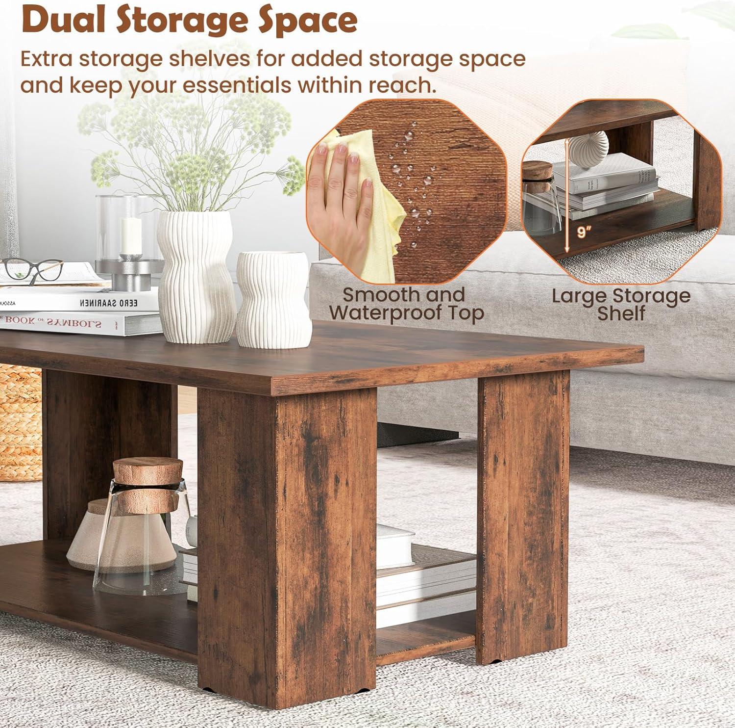 image:imageGiantex Rectangle Wood Center Table 41 L 2Tier Small Modern Tea Table wOpen Compartment Easy Assembly Accent Coffee Table for Living Room Reception Room WhiteRustic Brown