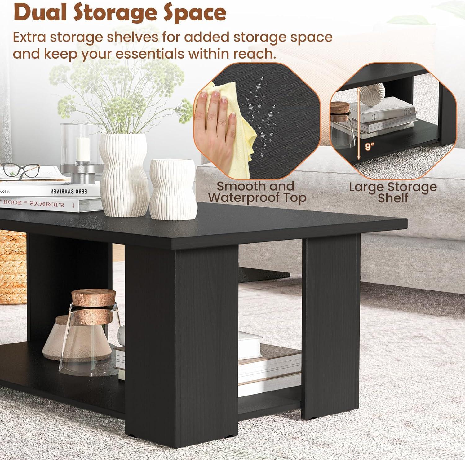 image:imageGiantex Rectangle Wood Center Table 41 L 2Tier Small Modern Tea Table wOpen Compartment Easy Assembly Accent Coffee Table for Living Room Reception Room WhiteBlack