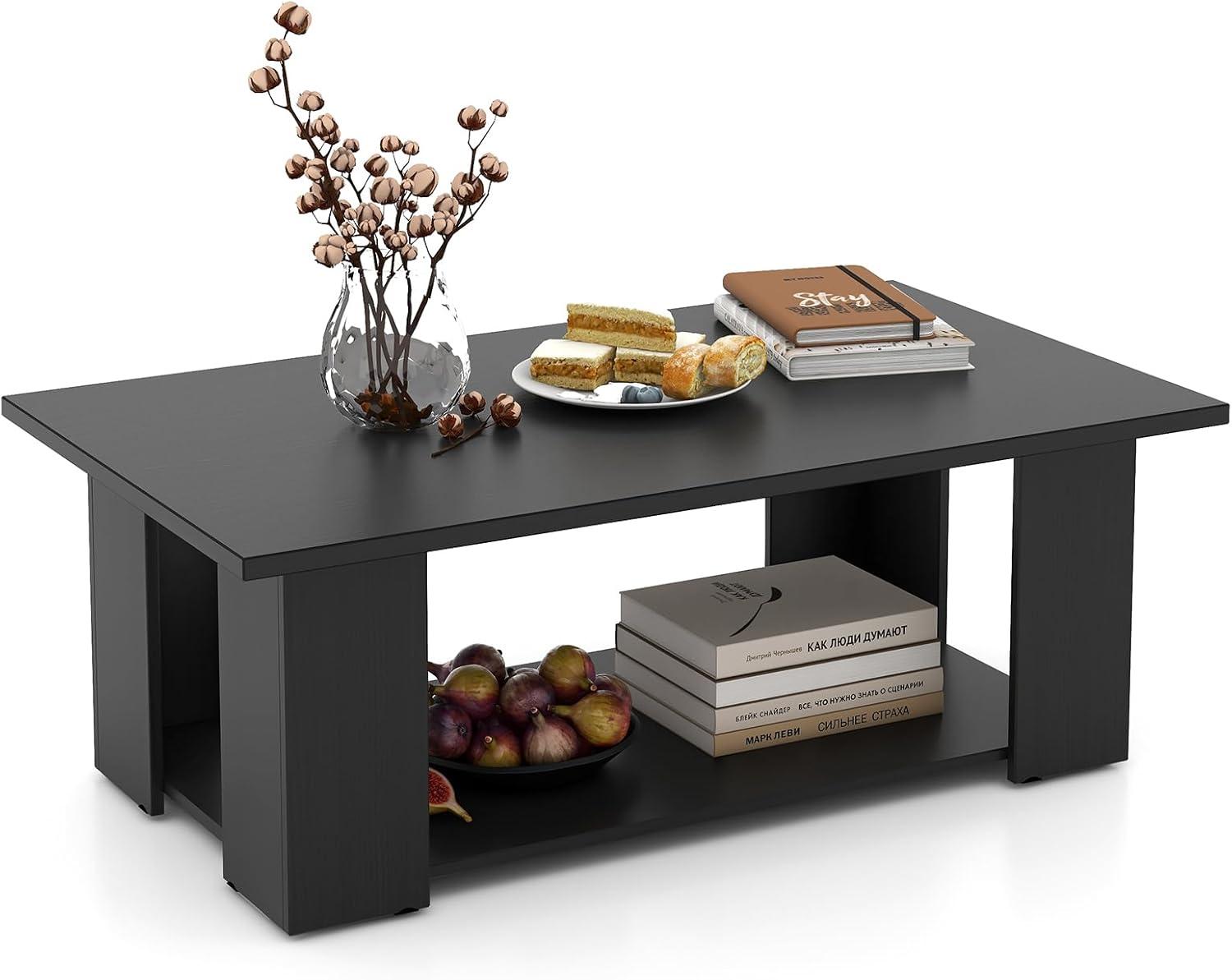 image:imageGiantex Rectangle Wood Center Table 41 L 2Tier Small Modern Tea Table wOpen Compartment Easy Assembly Accent Coffee Table for Living Room Reception Room WhiteBlack