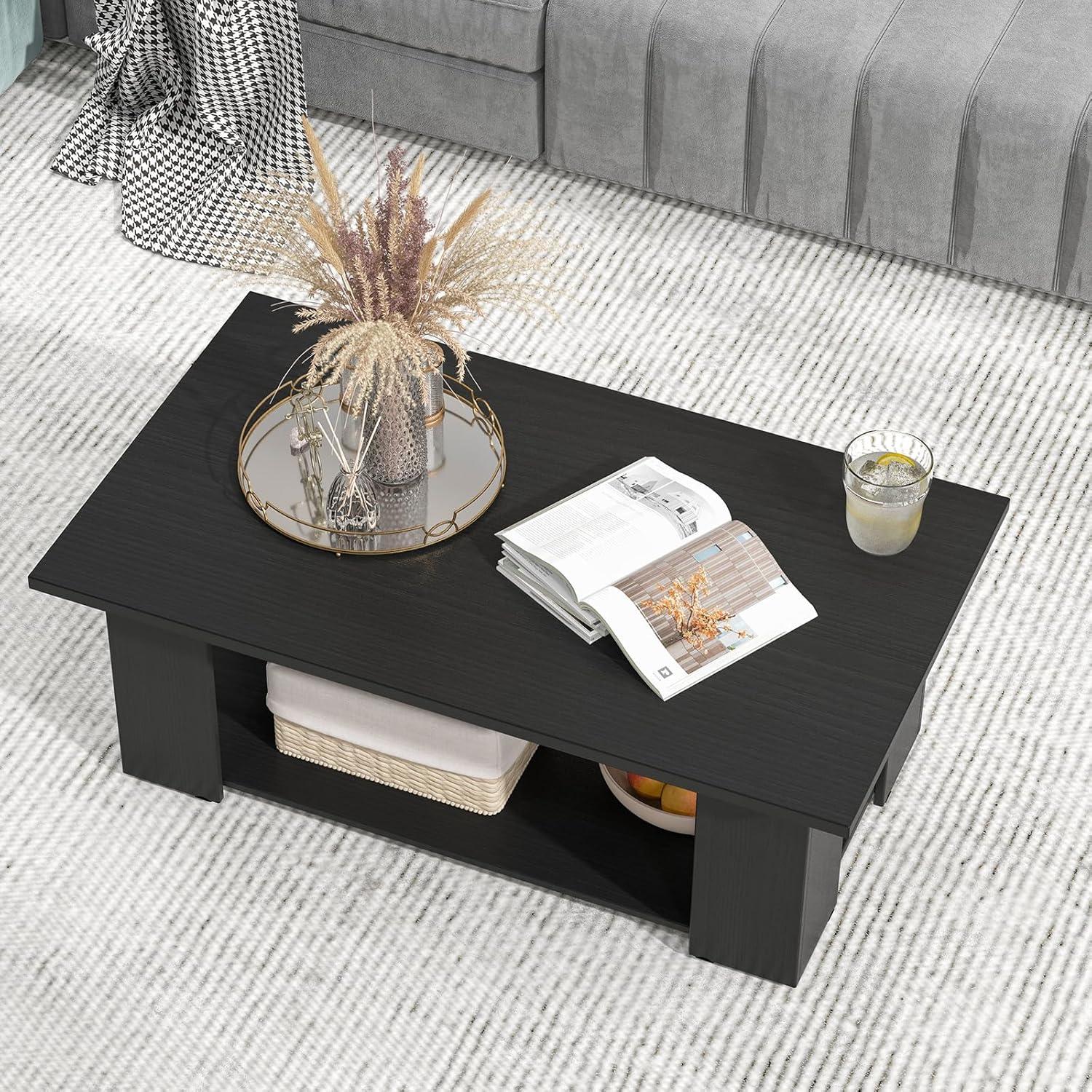 image:imageGiantex Rectangle Wood Center Table 41 L 2Tier Small Modern Tea Table wOpen Compartment Easy Assembly Accent Coffee Table for Living Room Reception Room WhiteBlack