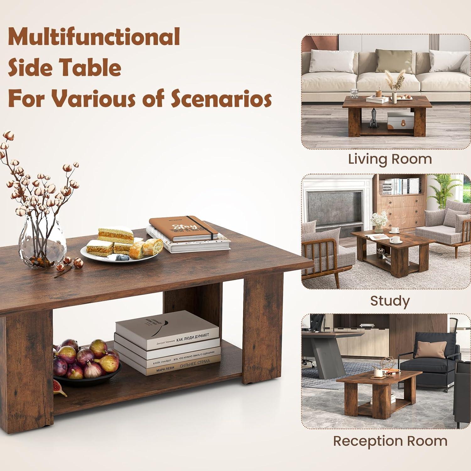 image:imageGiantex Rectangle Wood Center Table 41 L 2Tier Small Modern Tea Table wOpen Compartment Easy Assembly Accent Coffee Table for Living Room Reception Room WhiteRustic Brown