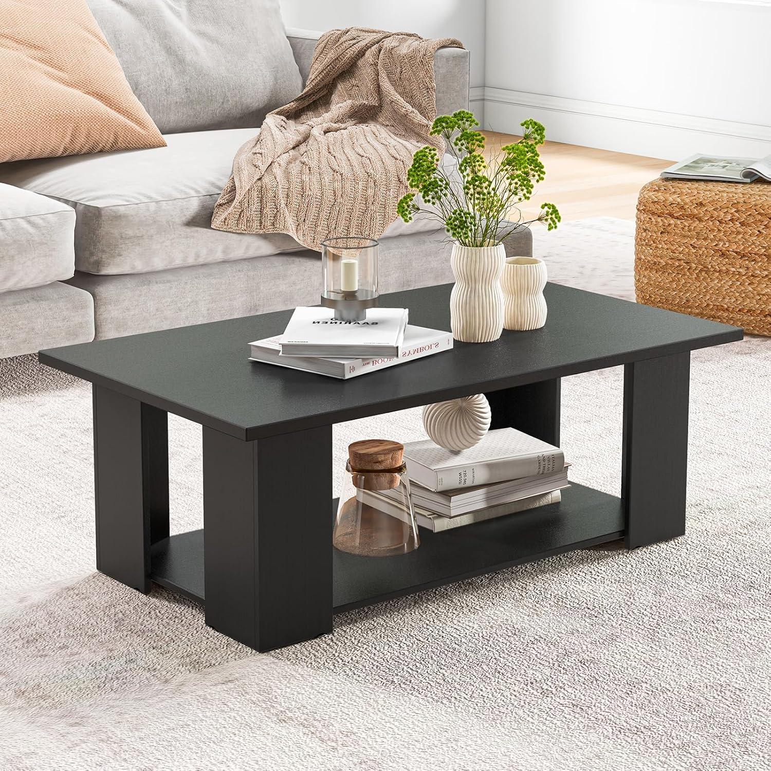 image:imageGiantex Rectangle Wood Center Table 41 L 2Tier Small Modern Tea Table wOpen Compartment Easy Assembly Accent Coffee Table for Living Room Reception Room WhiteBlack