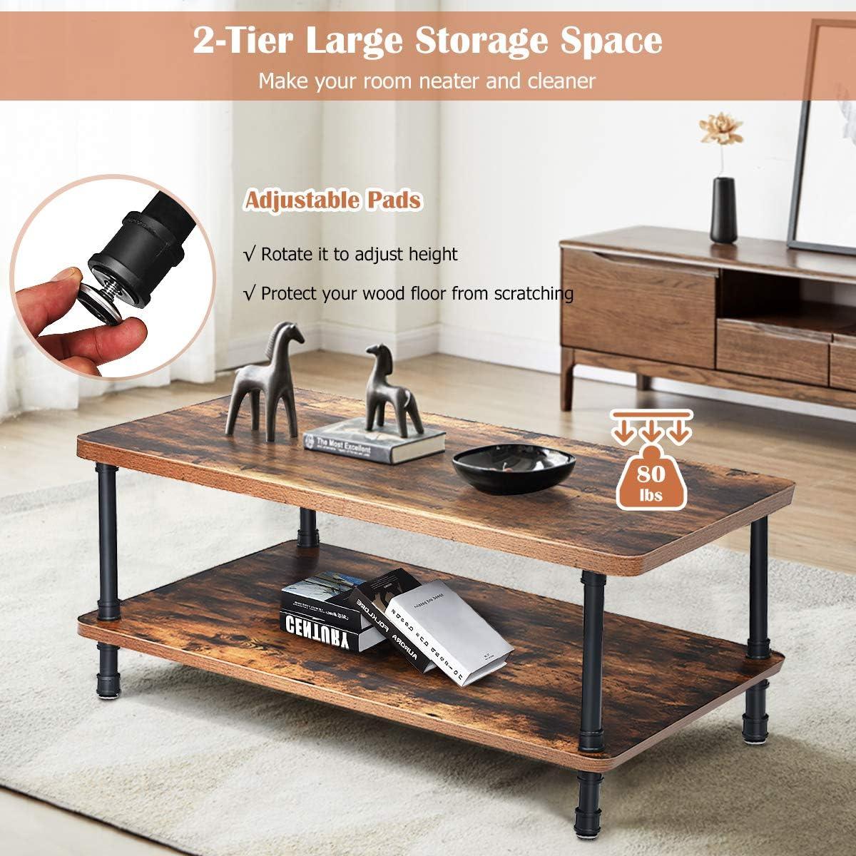 image:imageGiantex Retro Coffee Table WThick Tabletop Industrial Steel Pipe Legs amp 2Tier Storage Shelf Accent Table for Living Room Reception Room Easy Assembly Center Table Rustic BrownRustic Brown