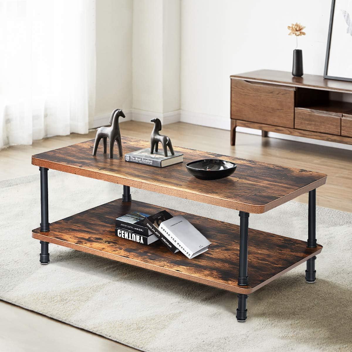 image:imageGiantex Retro Coffee Table WThick Tabletop Industrial Steel Pipe Legs amp 2Tier Storage Shelf Accent Table for Living Room Reception Room Easy Assembly Center Table Rustic BrownRustic Brown