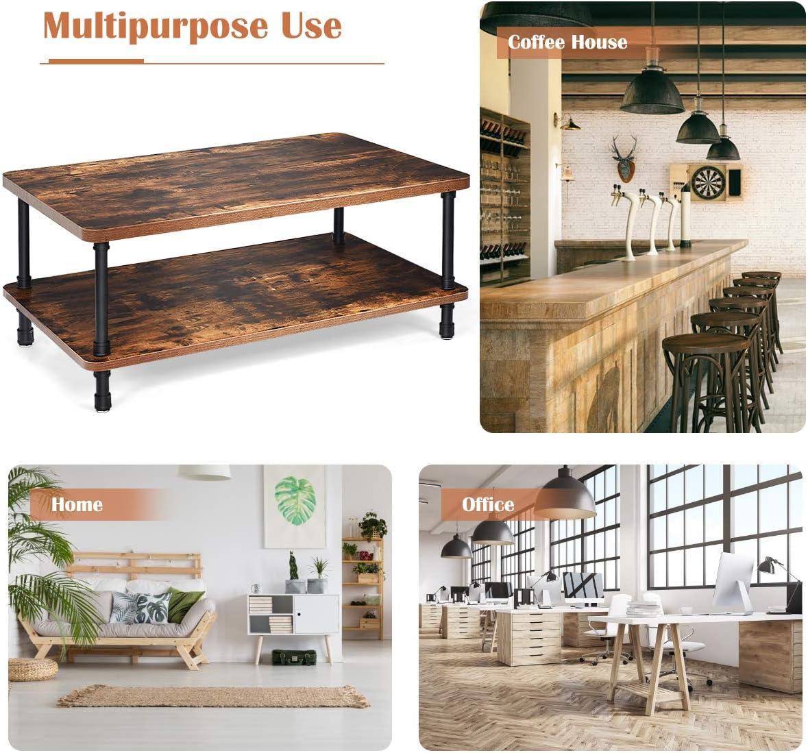 image:imageGiantex Retro Coffee Table WThick Tabletop Industrial Steel Pipe Legs amp 2Tier Storage Shelf Accent Table for Living Room Reception Room Easy Assembly Center Table Rustic BrownRustic Brown