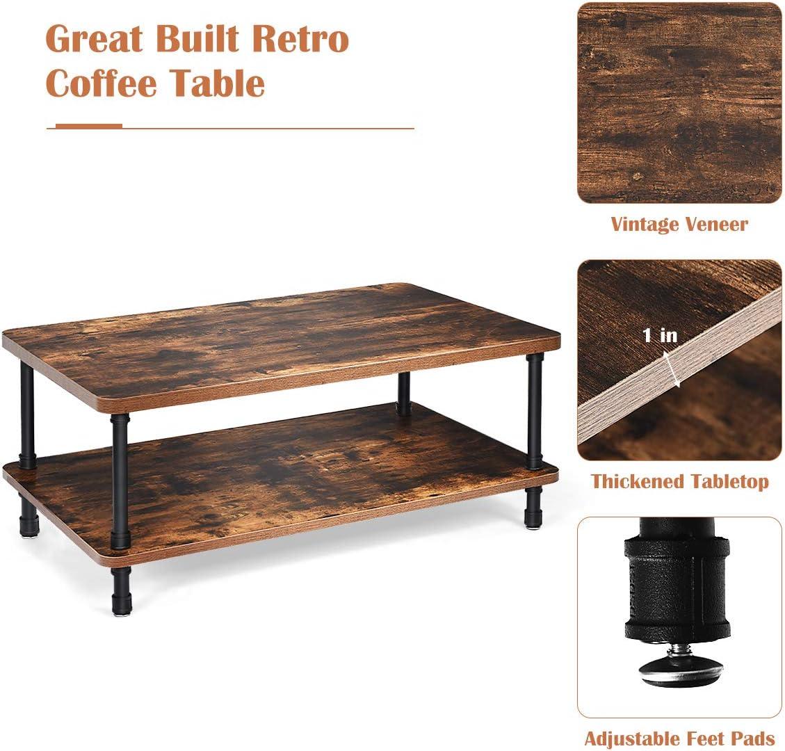 image:imageGiantex Retro Coffee Table WThick Tabletop Industrial Steel Pipe Legs amp 2Tier Storage Shelf Accent Table for Living Room Reception Room Easy Assembly Center Table Rustic BrownRustic Brown