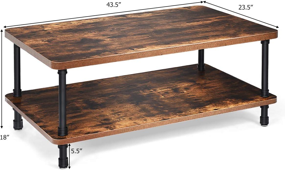 image:imageGiantex Retro Coffee Table WThick Tabletop Industrial Steel Pipe Legs amp 2Tier Storage Shelf Accent Table for Living Room Reception Room Easy Assembly Center Table Rustic BrownRustic Brown