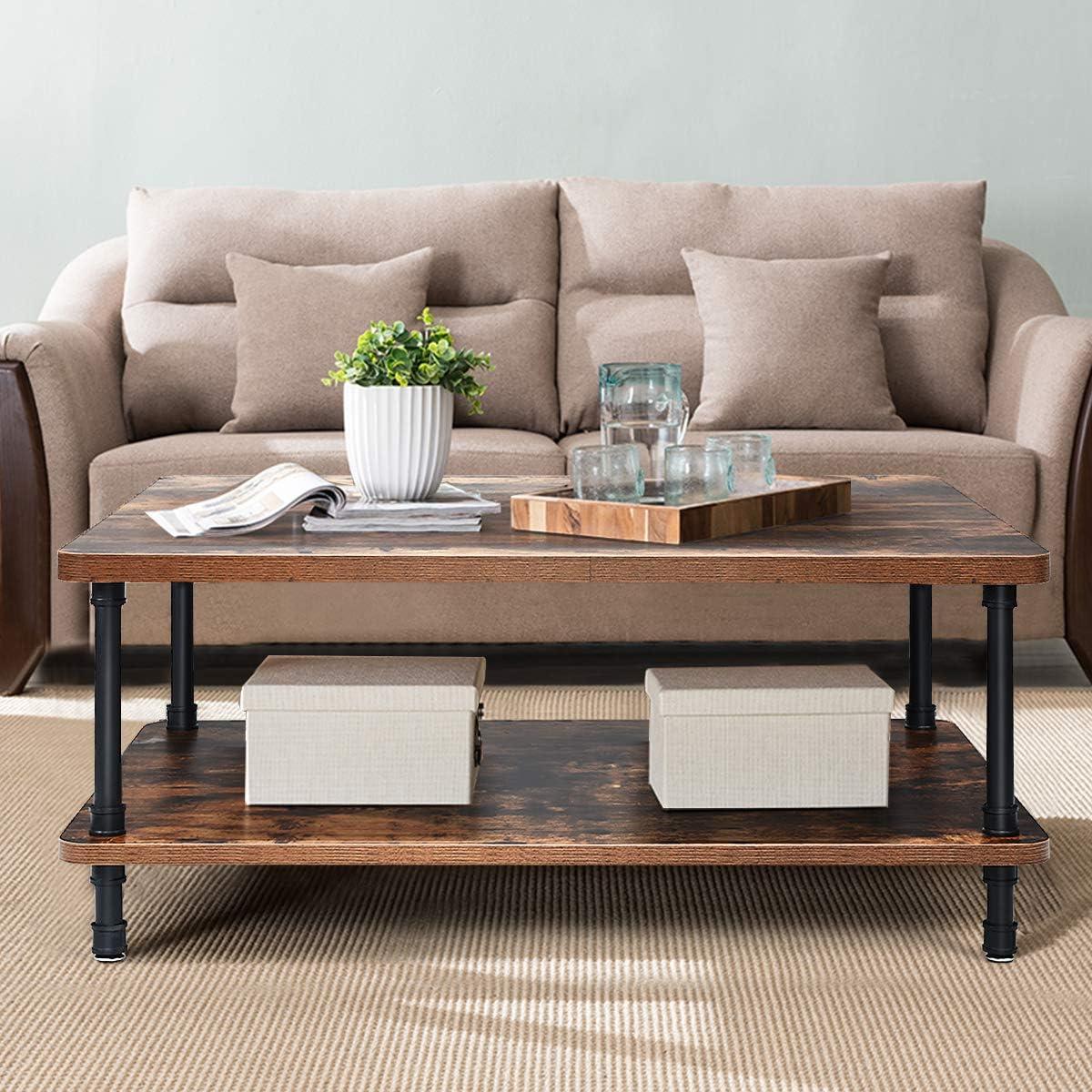 image:imageGiantex Retro Coffee Table WThick Tabletop Industrial Steel Pipe Legs amp 2Tier Storage Shelf Accent Table for Living Room Reception Room Easy Assembly Center Table Rustic BrownRustic Brown