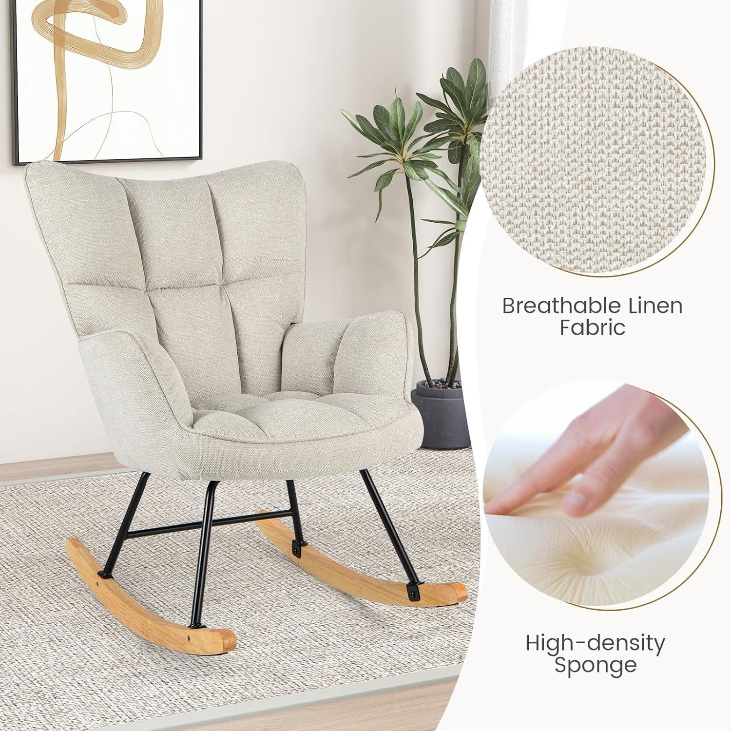 image:imageGiantex Rocking Chair Nursery Modern Rocking Accent Chair wHigh Backrest Padded Armrests Solid Metal amp Wood Frame Upholstered Linen Glider Rocker Chair for Nursery Living Room Bedroom Dark GreyBeige