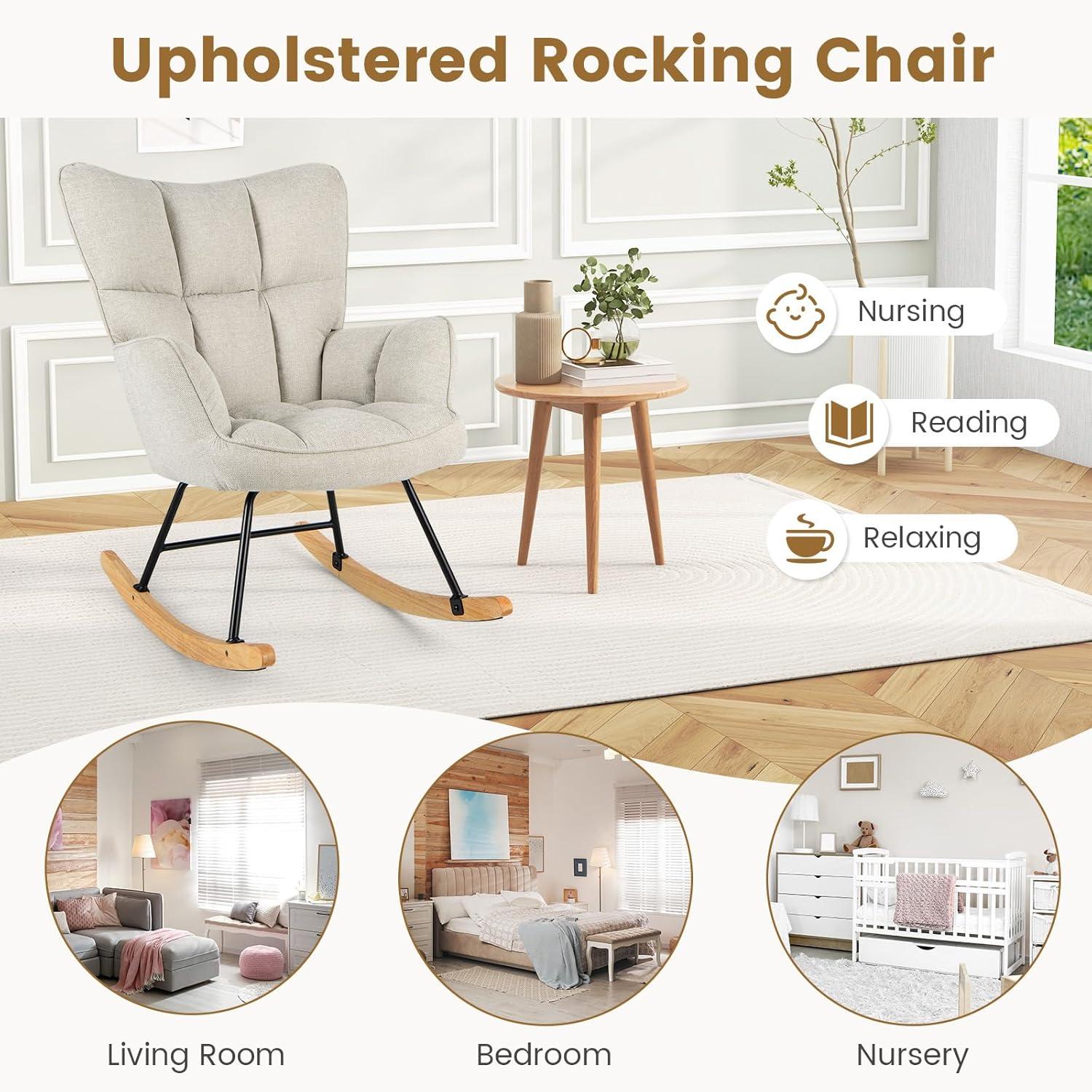 image:imageGiantex Rocking Chair Nursery Modern Rocking Accent Chair wHigh Backrest Padded Armrests Solid Metal amp Wood Frame Upholstered Linen Glider Rocker Chair for Nursery Living Room Bedroom Dark GreyBeige
