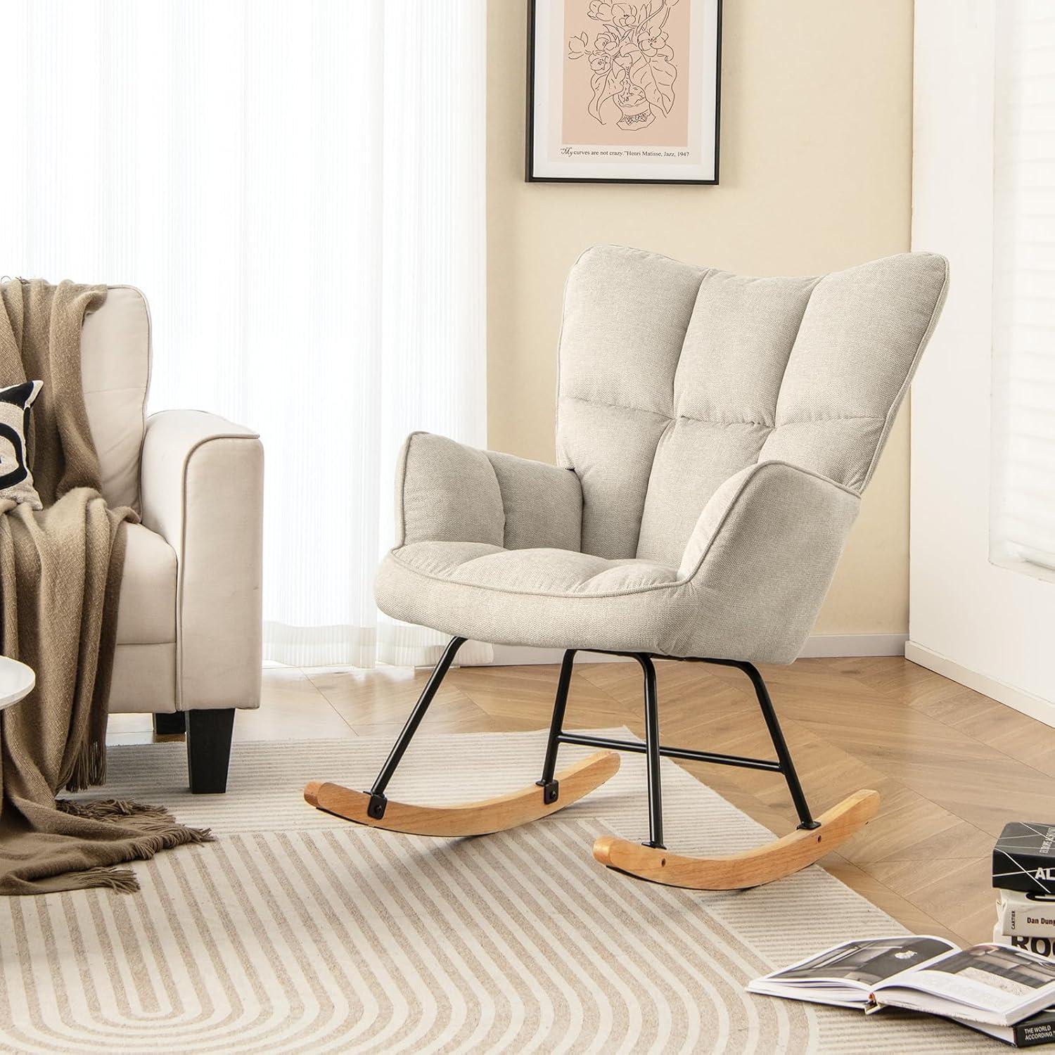 image:imageGiantex Rocking Chair Nursery Modern Rocking Accent Chair wHigh Backrest Padded Armrests Solid Metal amp Wood Frame Upholstered Linen Glider Rocker Chair for Nursery Living Room Bedroom Dark GreyBeige