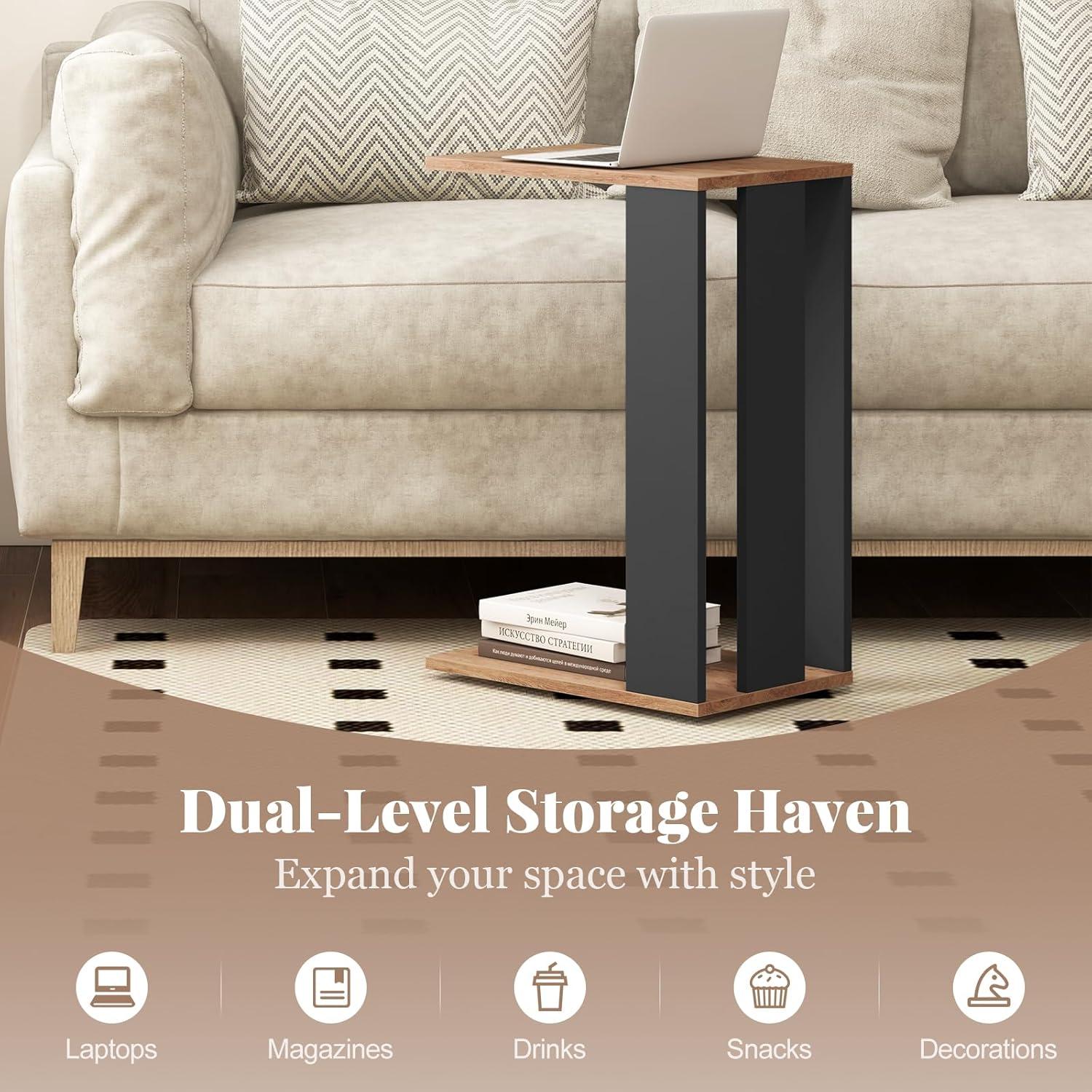 image:imageGiantex Rolling C Shaped End Table 2Tier Sofa Side Table with Universal Wheels amp Storage Shelf Narrow Nightstand for Small Space Mobile Snack Couch Tray Table for Living Room amp Bedroom2
