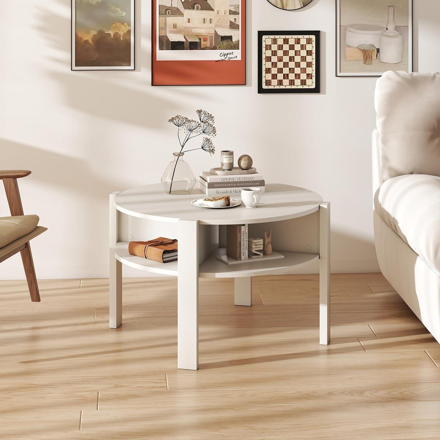 image:imageGiantex Round Coffee Table 2Tier Mid Century Modern Tea Cocktail Table with Storage Shelves amp 4 Side Compartments Wood Center Table for Living Room Small Spaces WhiteWhite