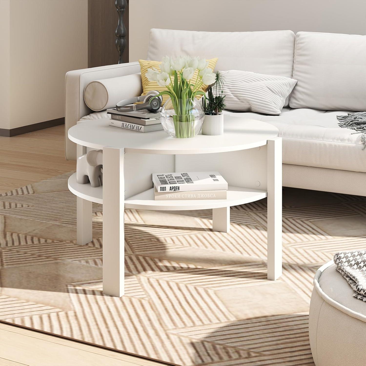 image:imageGiantex Round Coffee Table 2Tier Mid Century Modern Tea Cocktail Table with Storage Shelves amp 4 Side Compartments Wood Center Table for Living Room Small Spaces WhiteWhite
