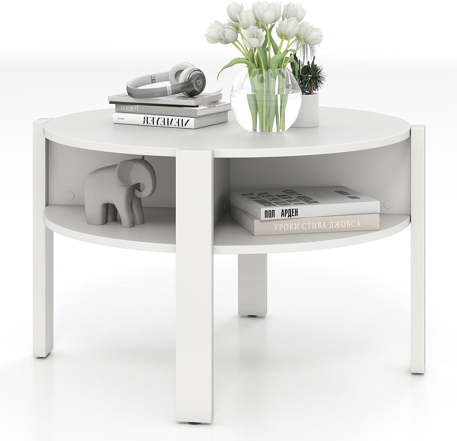 image:imageGiantex Round Coffee Table 2Tier Mid Century Modern Tea Cocktail Table with Storage Shelves amp 4 Side Compartments Wood Center Table for Living Room Small Spaces WhiteWhite