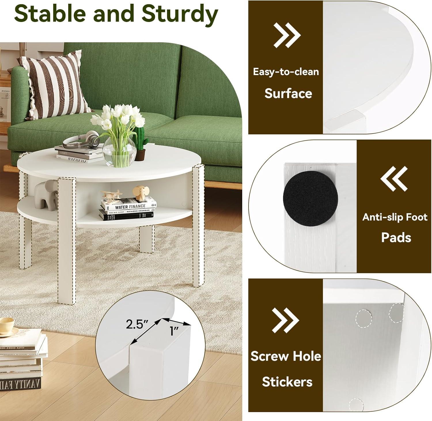 image:imageGiantex Round Coffee Table 2Tier Mid Century Modern Tea Cocktail Table with Storage Shelves amp 4 Side Compartments Wood Center Table for Living Room Small Spaces WhiteWhite