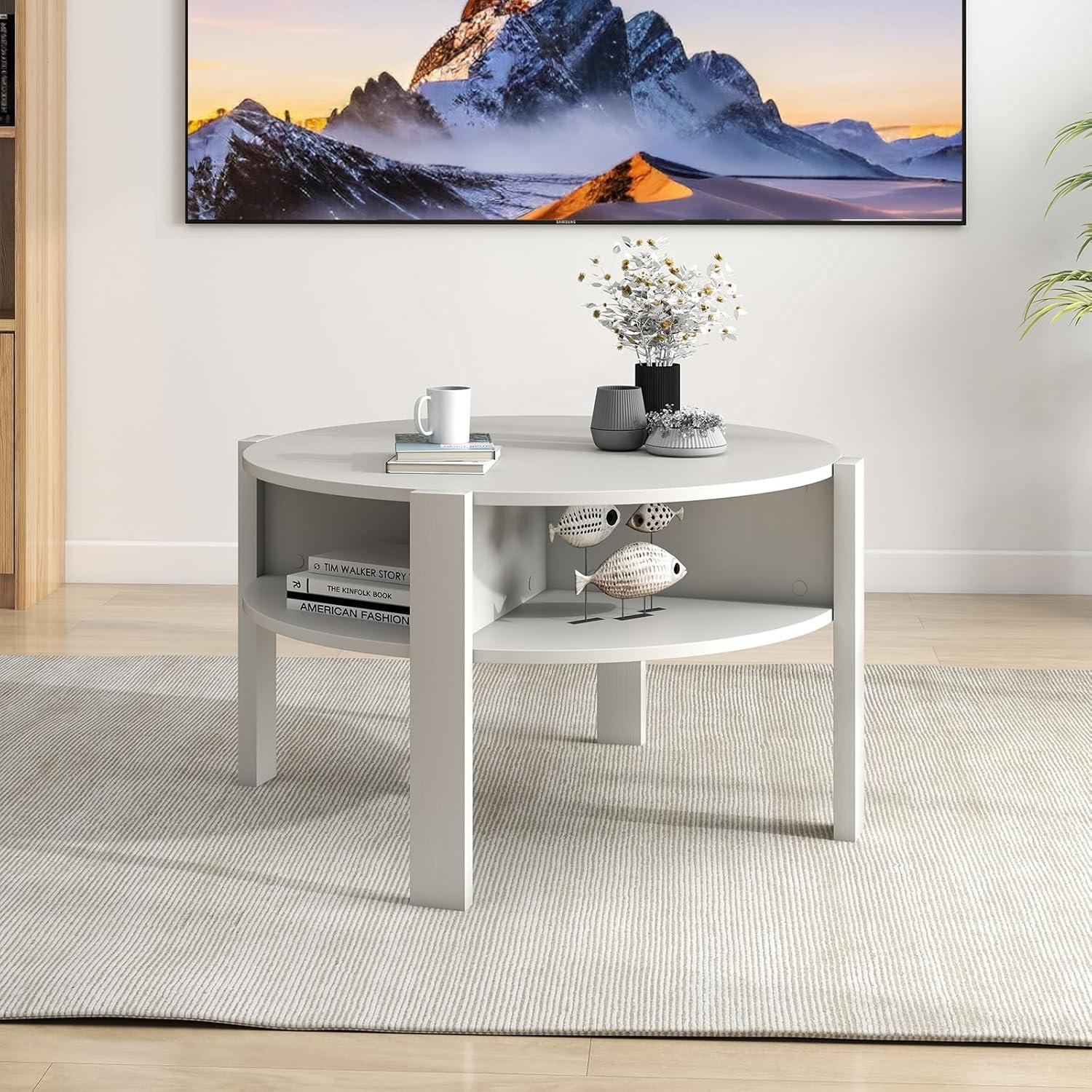 image:imageGiantex Round Coffee Table 2Tier Mid Century Modern Tea Cocktail Table with Storage Shelves amp 4 Side Compartments Wood Center Table for Living Room Small Spaces WhiteWhite