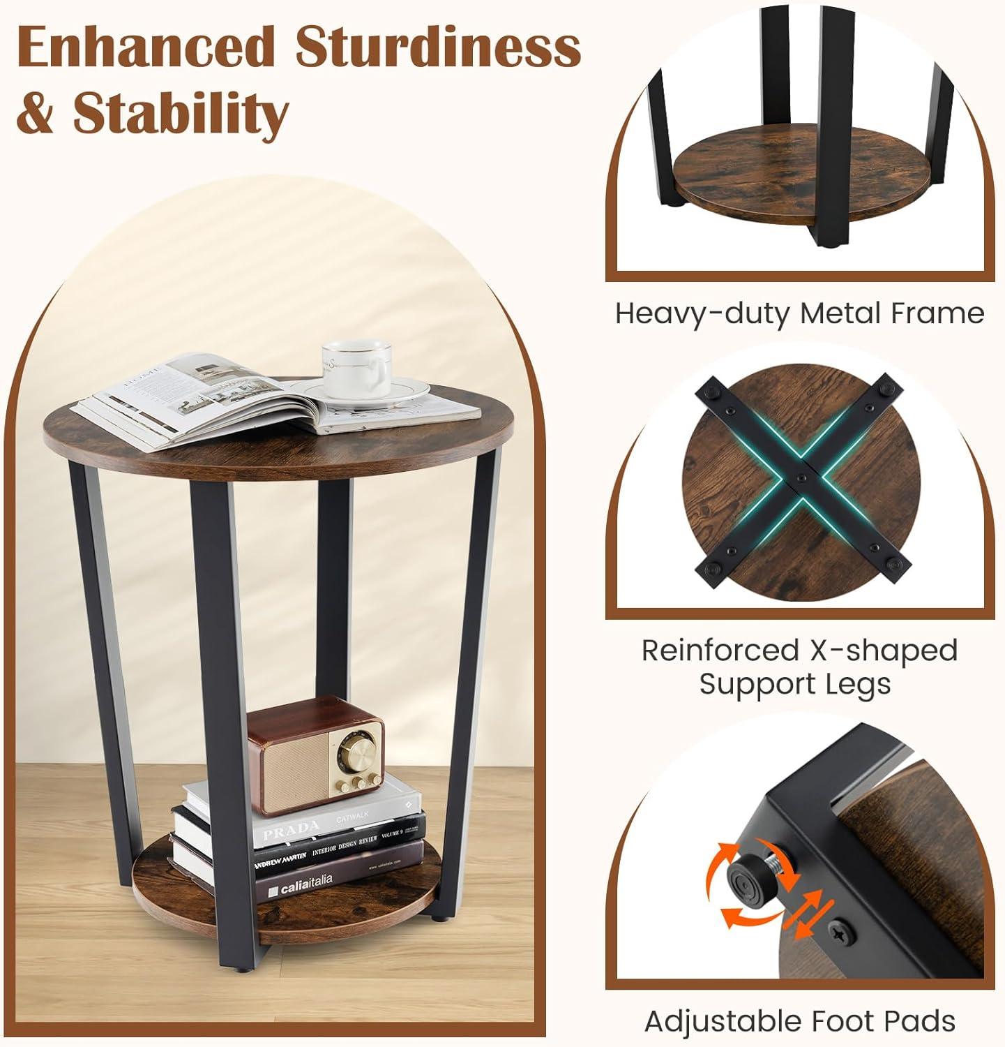 image:imageGiantex Round End Table 2Tier Side Sofa Table with Open Storage Shelf and Metal Frame Industrial Nightstand Bedside Table for Living Room Bedroom Small Space Accent Furniture WalnutRustic Brown