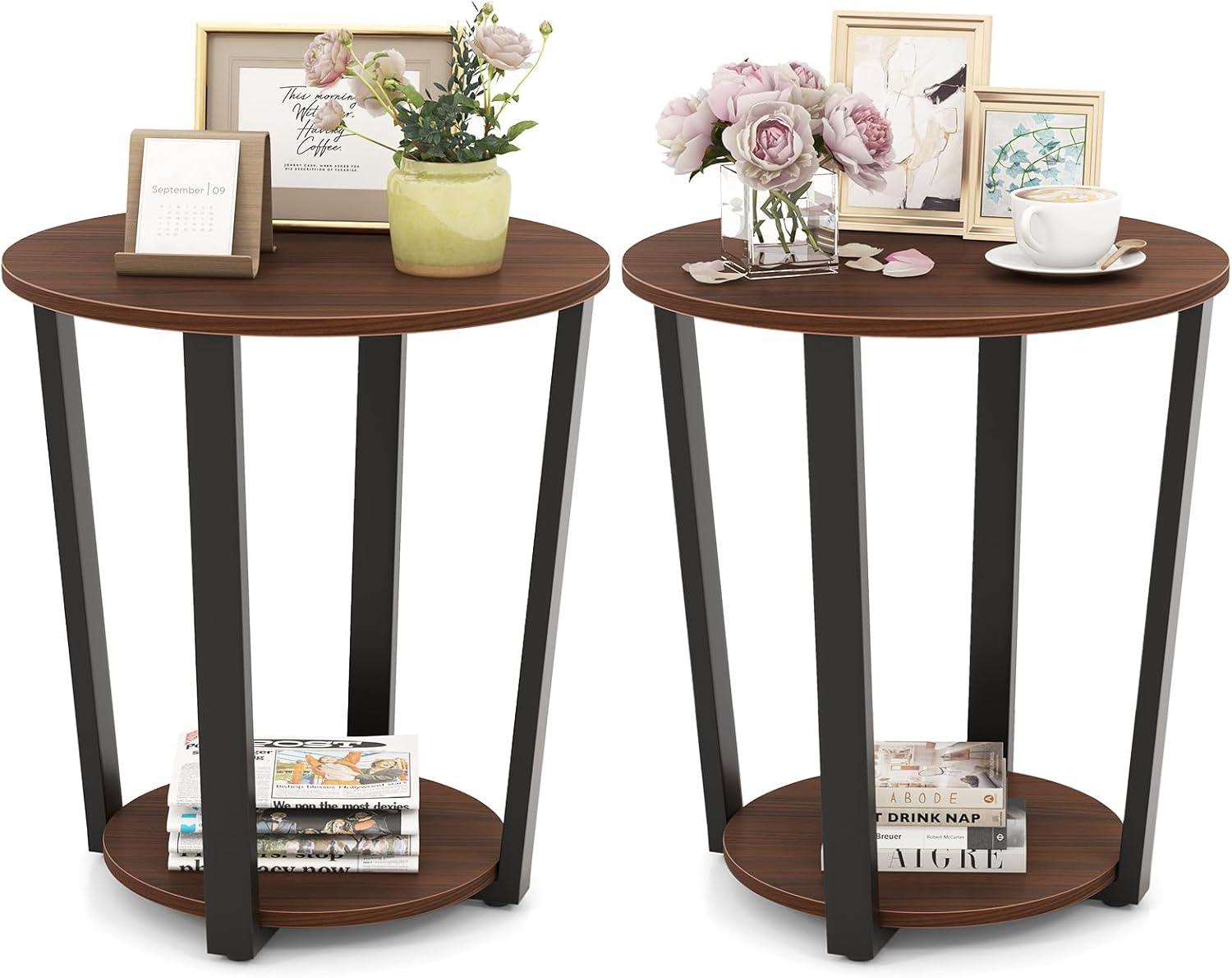 image:imageGiantex Round End Table 2Tier Side Sofa Table with Open Storage Shelf and Metal Frame Industrial Nightstand Bedside Table for Living Room Bedroom Small Space Accent Furniture WalnutWalnut