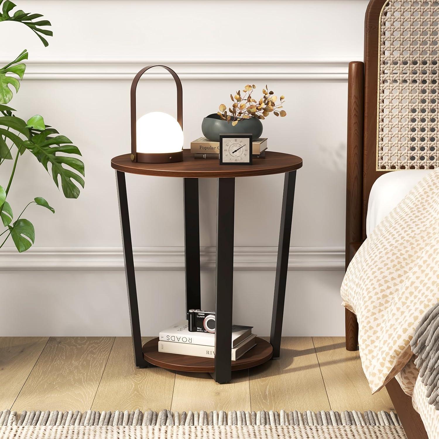 image:imageGiantex Round End Table 2Tier Side Sofa Table with Open Storage Shelf and Metal Frame Industrial Nightstand Bedside Table for Living Room Bedroom Small Space Accent Furniture WalnutWalnut