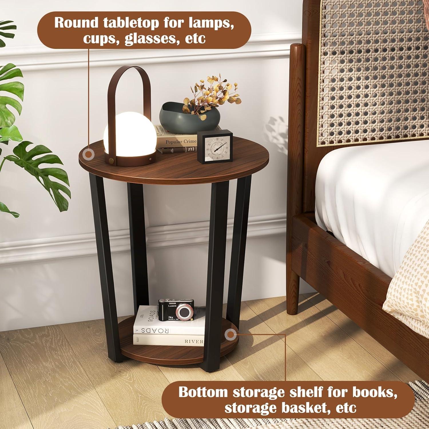image:imageGiantex Round End Table 2Tier Side Sofa Table with Open Storage Shelf and Metal Frame Industrial Nightstand Bedside Table for Living Room Bedroom Small Space Accent Furniture WalnutWalnut
