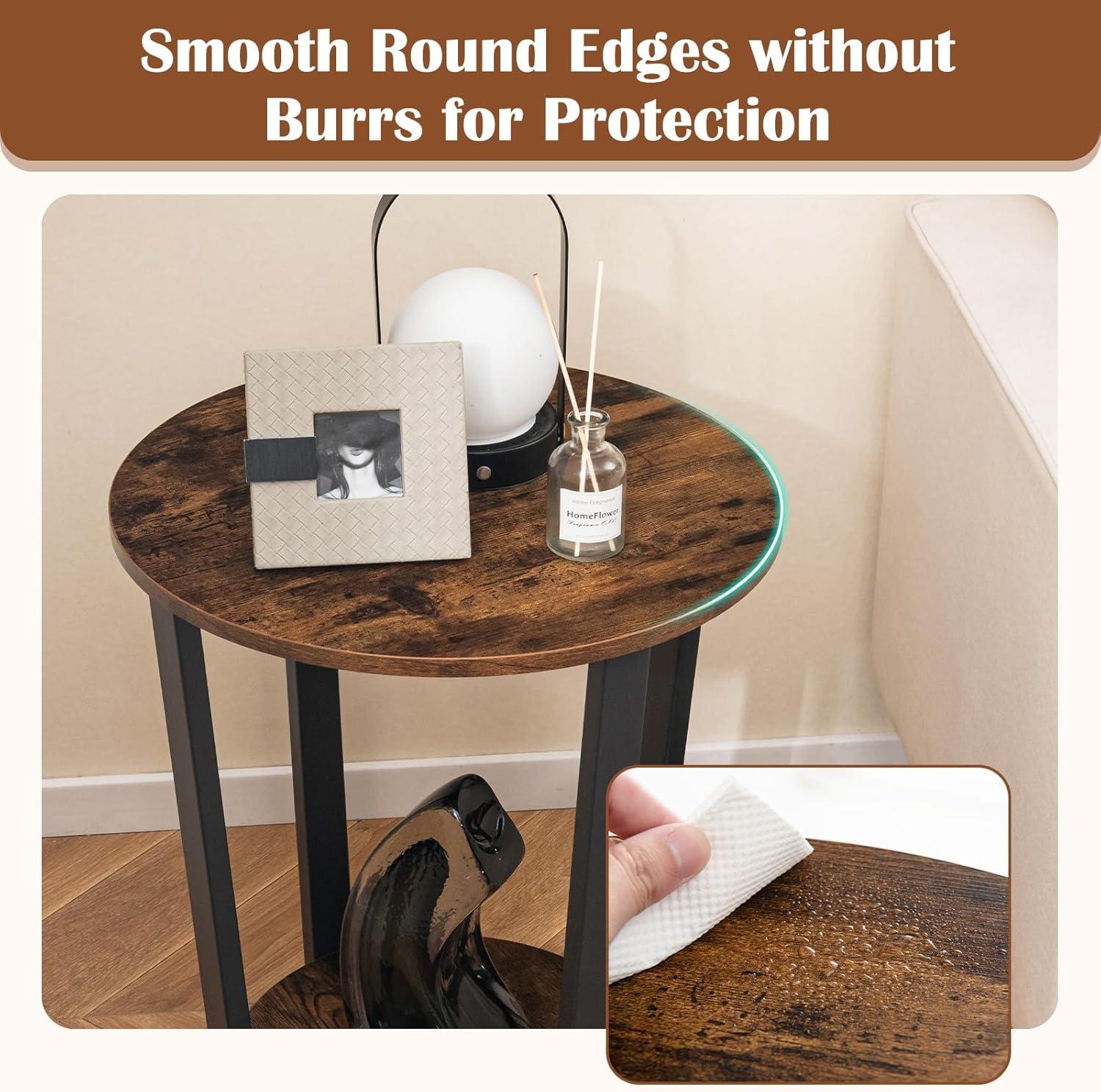 image:imageGiantex Round End Table 2Tier Side Sofa Table with Open Storage Shelf and Metal Frame Industrial Nightstand Bedside Table for Living Room Bedroom Small Space Accent Furniture WalnutRustic Brown