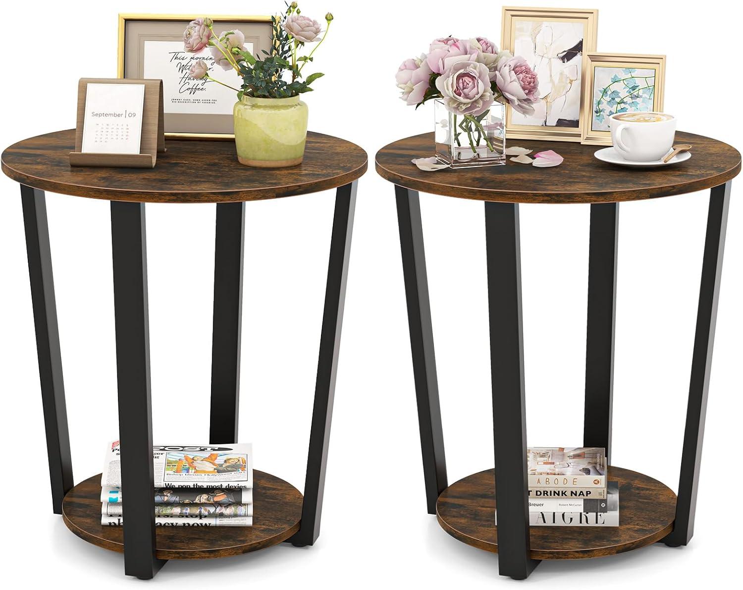 image:imageGiantex Round End Table 2Tier Side Sofa Table with Open Storage Shelf and Metal Frame Industrial Nightstand Bedside Table for Living Room Bedroom Small Space Accent Furniture WalnutRustic Brown