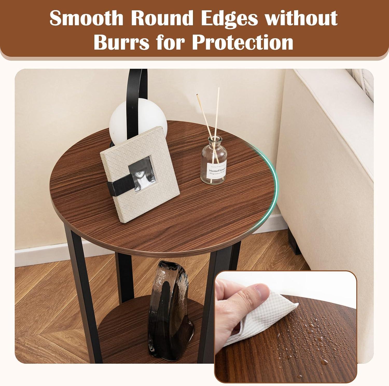 image:imageGiantex Round End Table 2Tier Side Sofa Table with Open Storage Shelf and Metal Frame Industrial Nightstand Bedside Table for Living Room Bedroom Small Space Accent Furniture WalnutWalnut