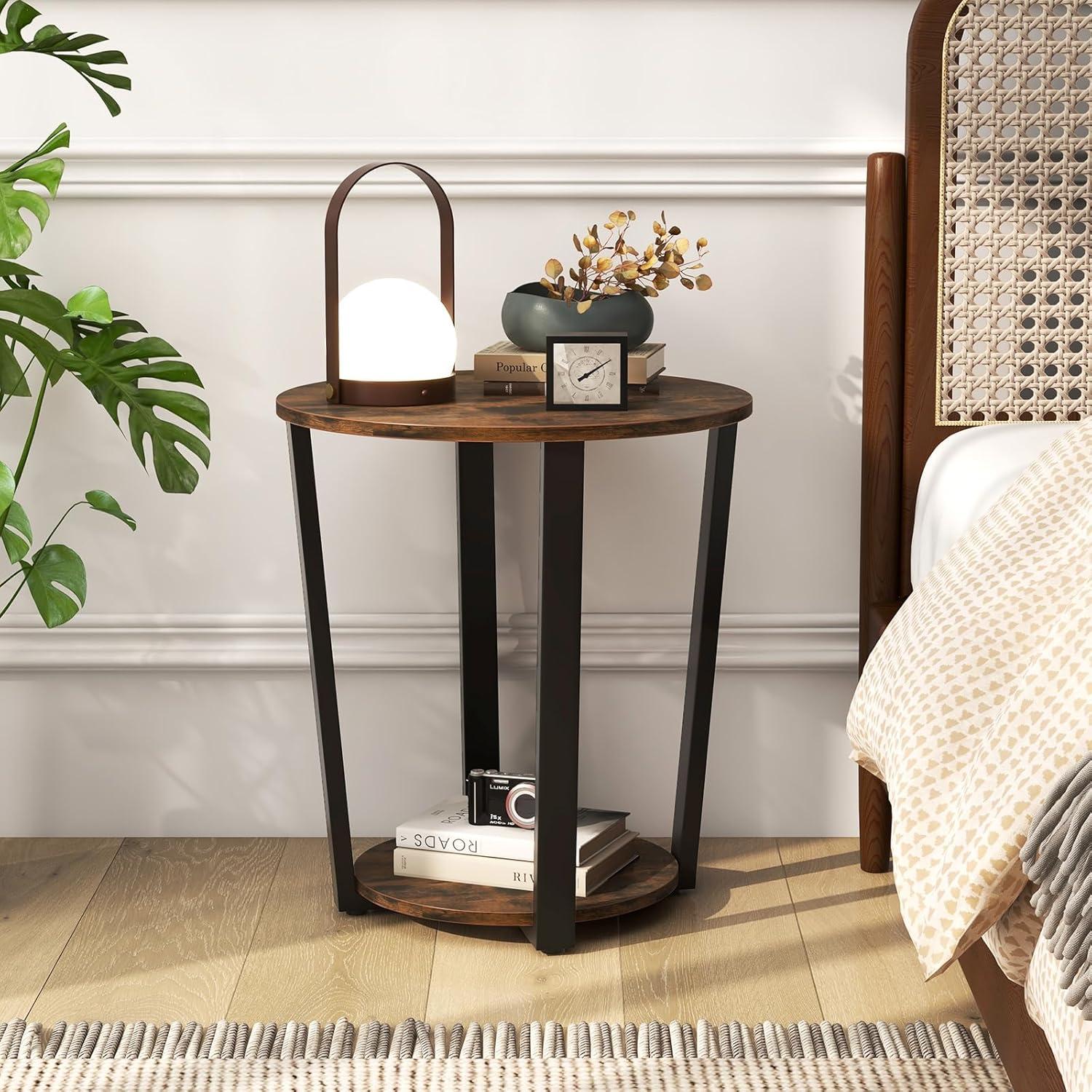 image:imageGiantex Round End Table 2Tier Side Sofa Table with Open Storage Shelf and Metal Frame Industrial Nightstand Bedside Table for Living Room Bedroom Small Space Accent Furniture WalnutRustic Brown