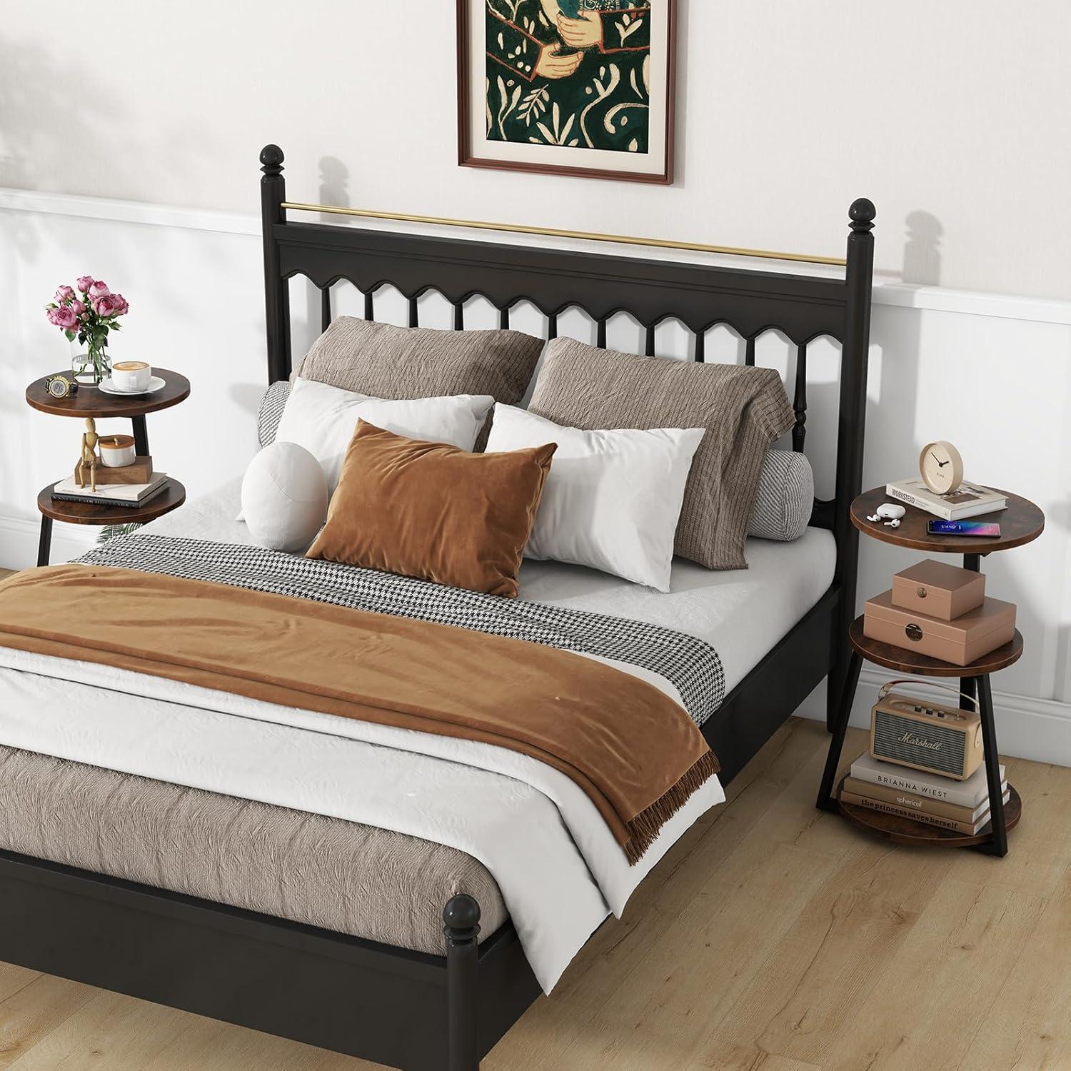 image:imageGiantex Round End Table Industrial Side Table with Sturdy Metal Frame Coffee Table 3Tier Bedside Table for Bedroom Living Room Couch Accent Table for Small Spaces Rustic Brown 11