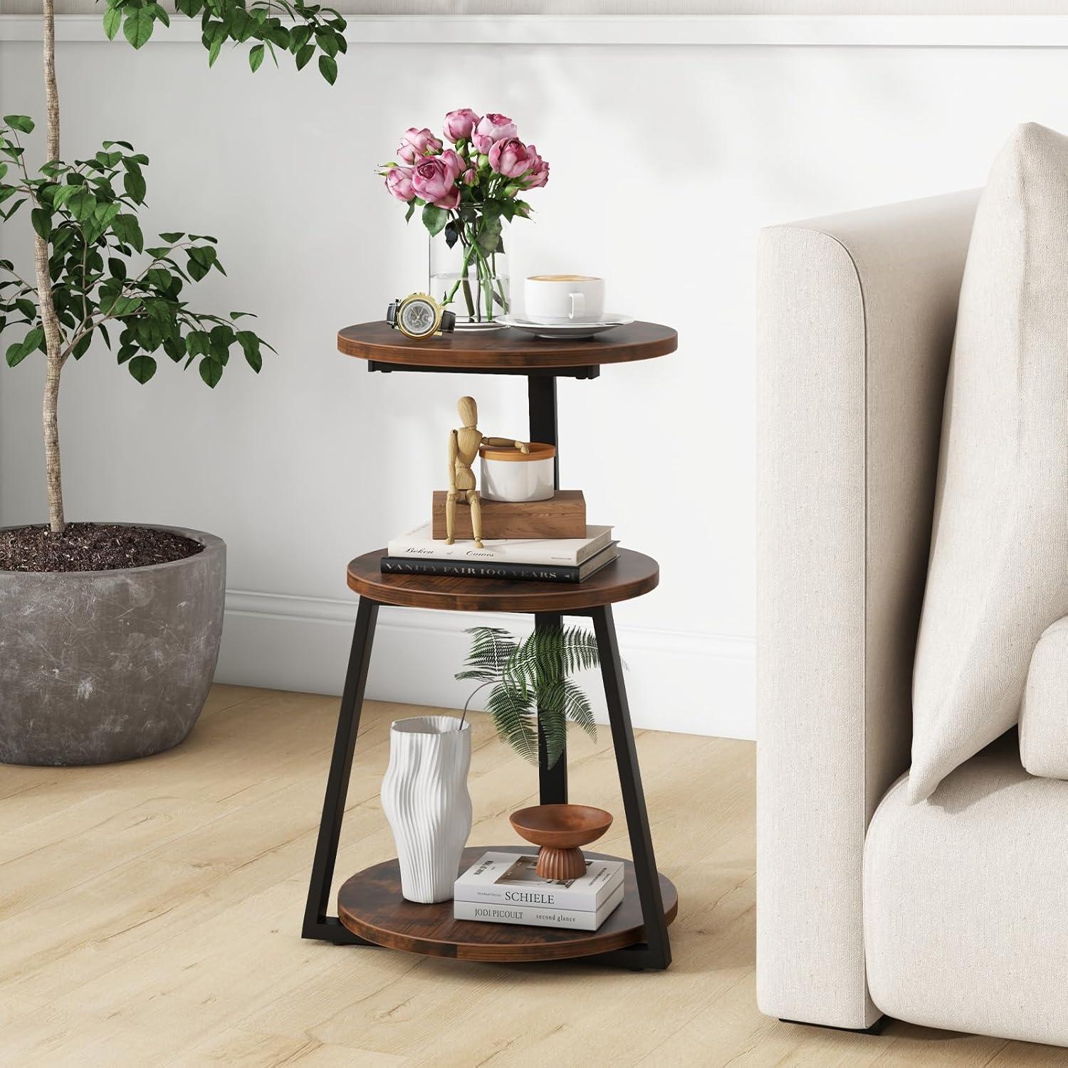 image:imageGiantex Round End Table Industrial Side Table with Sturdy Metal Frame Coffee Table 3Tier Bedside Table for Bedroom Living Room Couch Accent Table for Small Spaces Rustic Brown 11