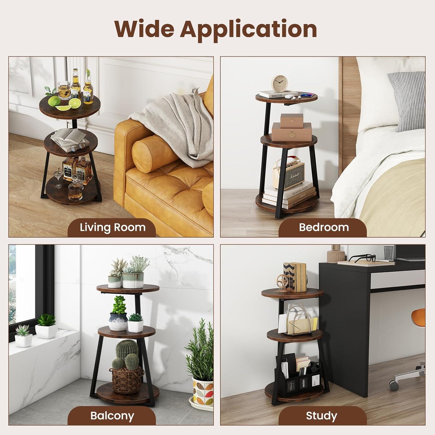 image:imageGiantex Round End Table Industrial Side Table with Sturdy Metal Frame Coffee Table 3Tier Bedside Table for Bedroom Living Room Couch Accent Table for Small Spaces Rustic Brown 12