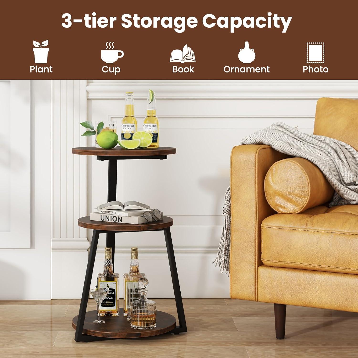 image:imageGiantex Round End Table Industrial Side Table with Sturdy Metal Frame Coffee Table 3Tier Bedside Table for Bedroom Living Room Couch Accent Table for Small Spaces Rustic Brown 12