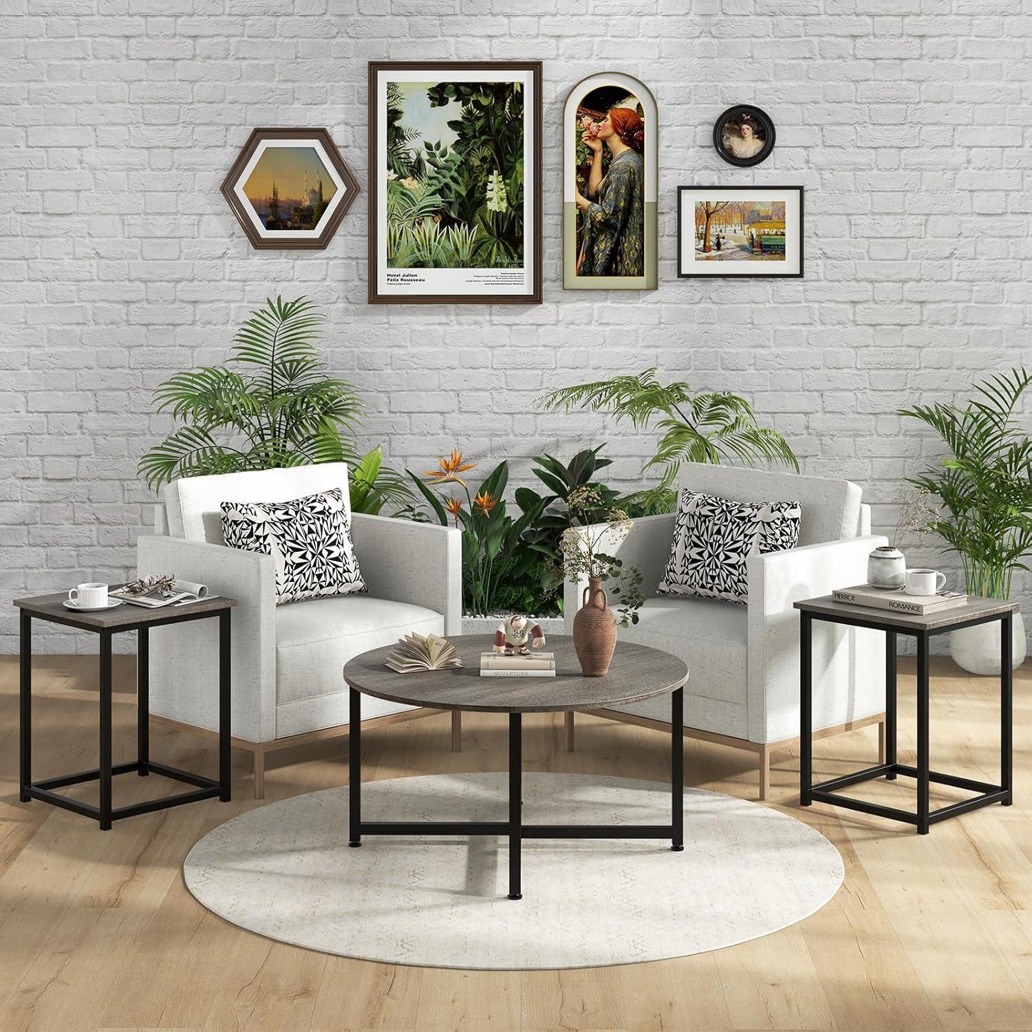 image:imageGiantex Round Nesting Table Set of 3 Farmhouse Coffee Table w2 End Tables Sturdy Metal Frame 3Piece Wooden Living Room Table Set for Home Office Apartment Black OakBlack Oak