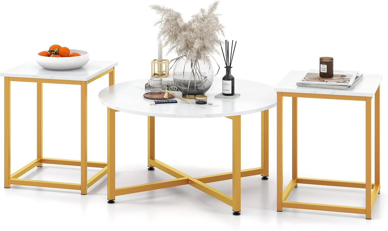 image:imageGiantex Round Nesting Table Set of 3 Farmhouse Coffee Table w2 End Tables Sturdy Metal Frame 3Piece Wooden Living Room Table Set for Home Office Apartment Black OakWhite Gold