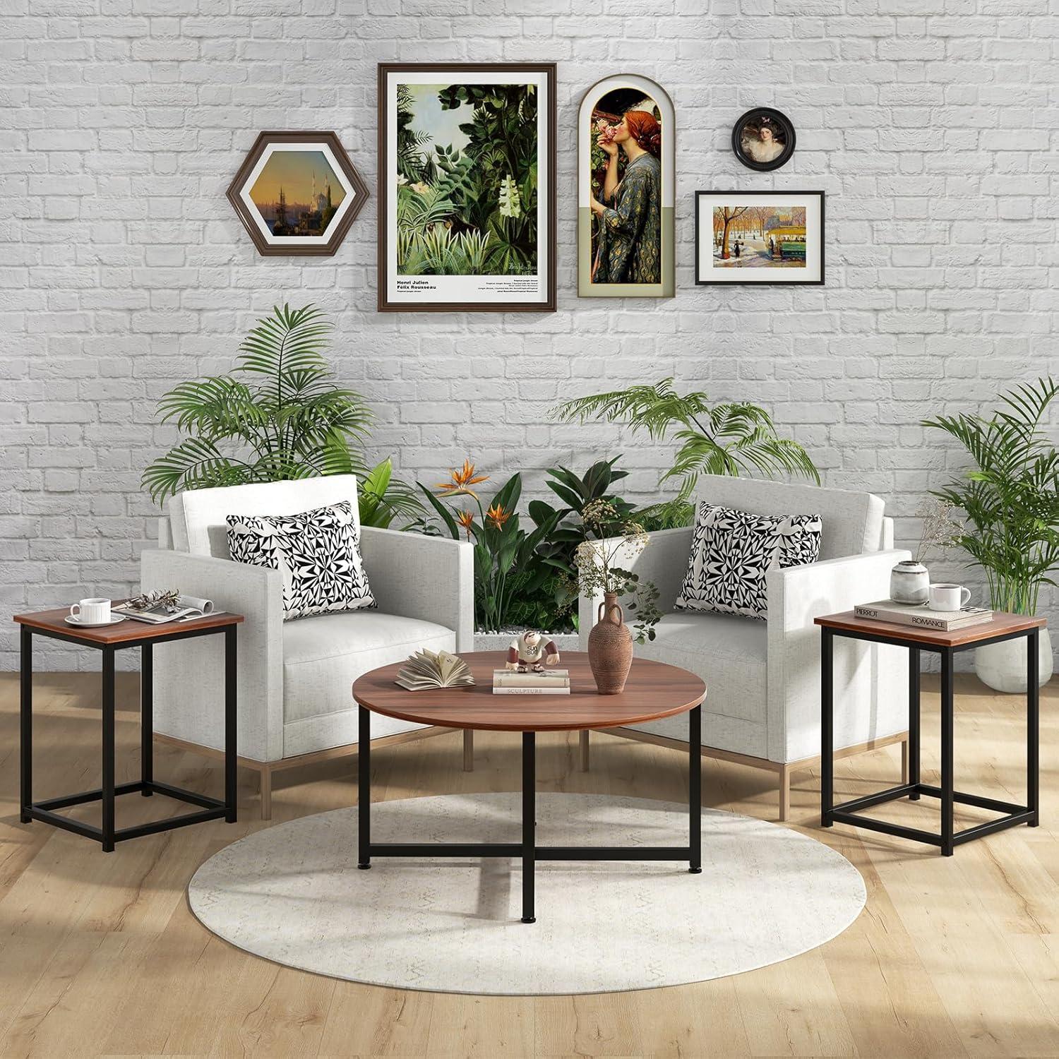 image:imageGiantex Round Nesting Table Set of 3 Farmhouse Coffee Table w2 End Tables Sturdy Metal Frame 3Piece Wooden Living Room Table Set for Home Office Apartment Black OakWalnut Black