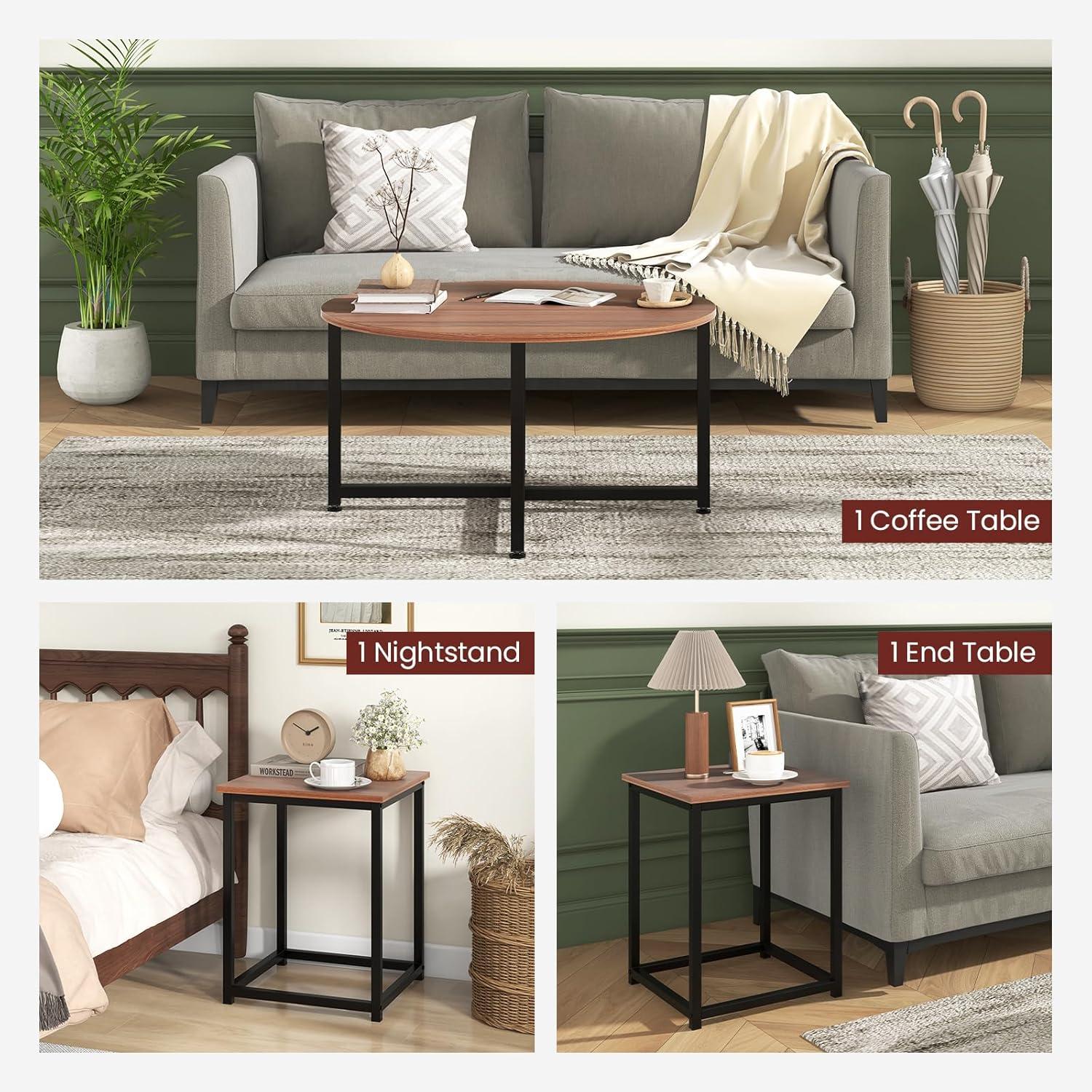 image:imageGiantex Round Nesting Table Set of 3 Farmhouse Coffee Table w2 End Tables Sturdy Metal Frame 3Piece Wooden Living Room Table Set for Home Office Apartment Black OakWalnut Black